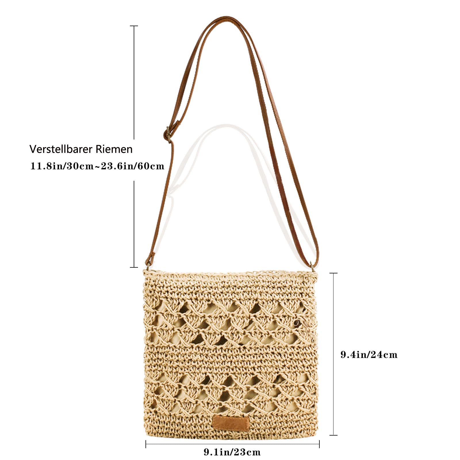 Zaewry Umhängetasche Schultertasche Sommerliche Strohtasche für Damen, kleine Strandtasche, mit Reißverschluss und verstellbarem Riemen