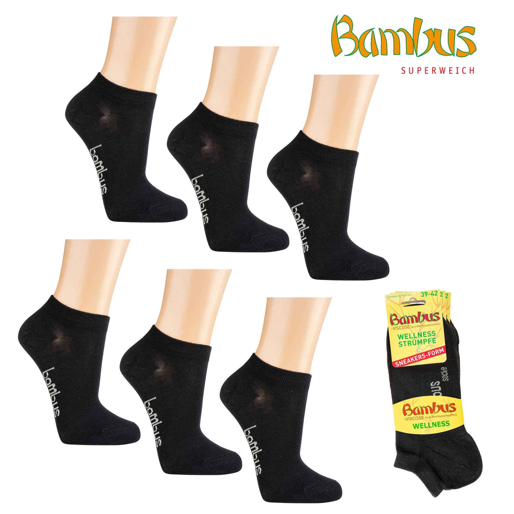 Socks 4 Fun Sneakersocken 2169 (Packung, 6-Paar, 6 Paar) unifarbene Wellness-Sneakersocken Herren Damen Socken Komfortbund schwarz