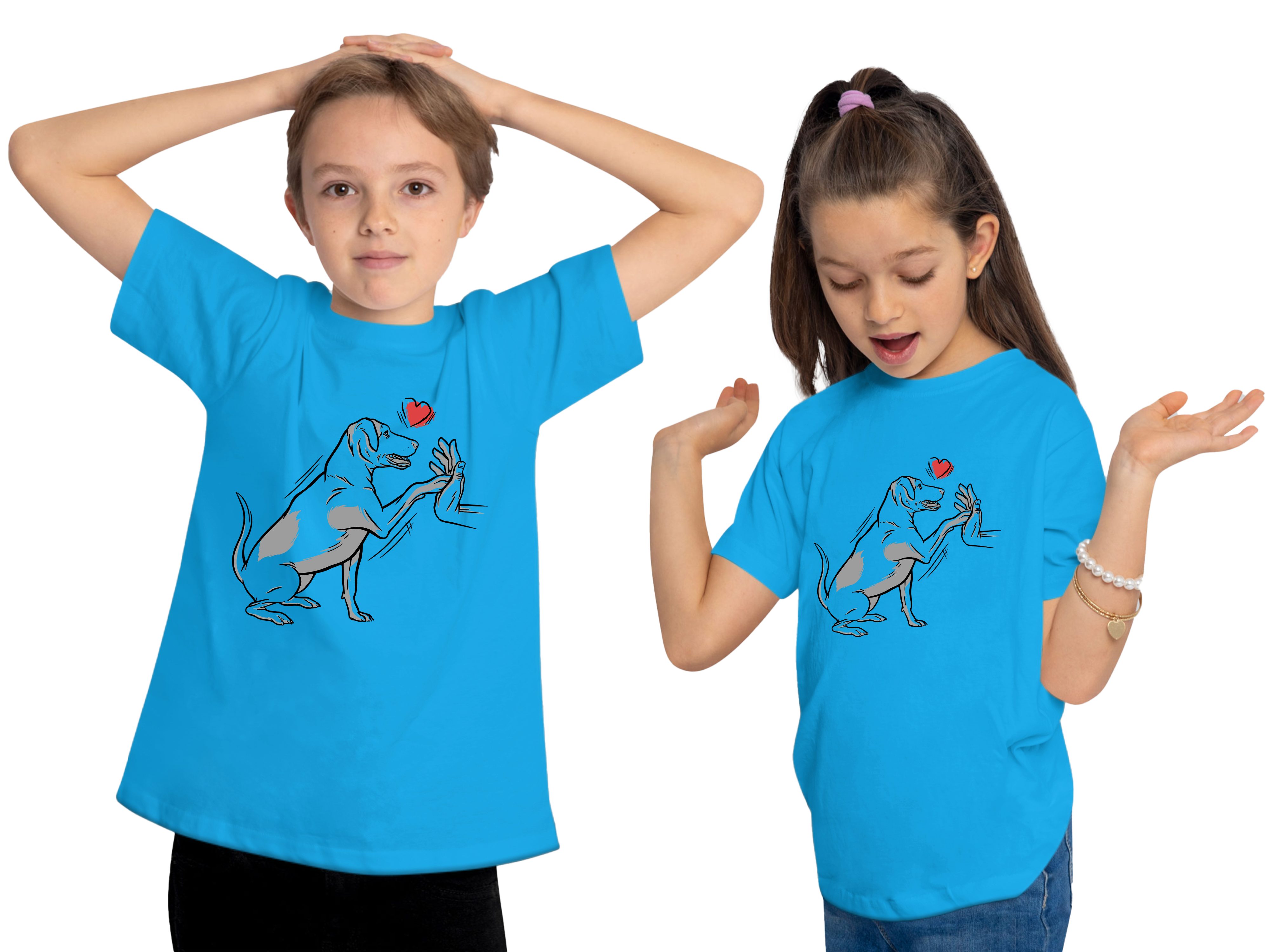 i234 gibt Pfötchen Baumwollshirt T-Shirt aqua Labrador blau bedruckt Kinder Aufdruck, - Print-Shirt MyDesign24 Hunde mit