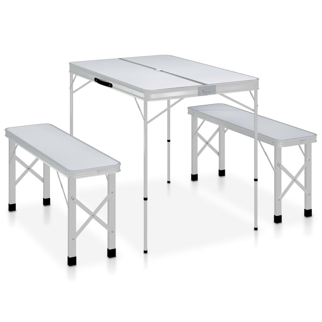 Campingstuhl Klappbarer Campingtisch mit 2 Sitzbänken Aluminium Weiß