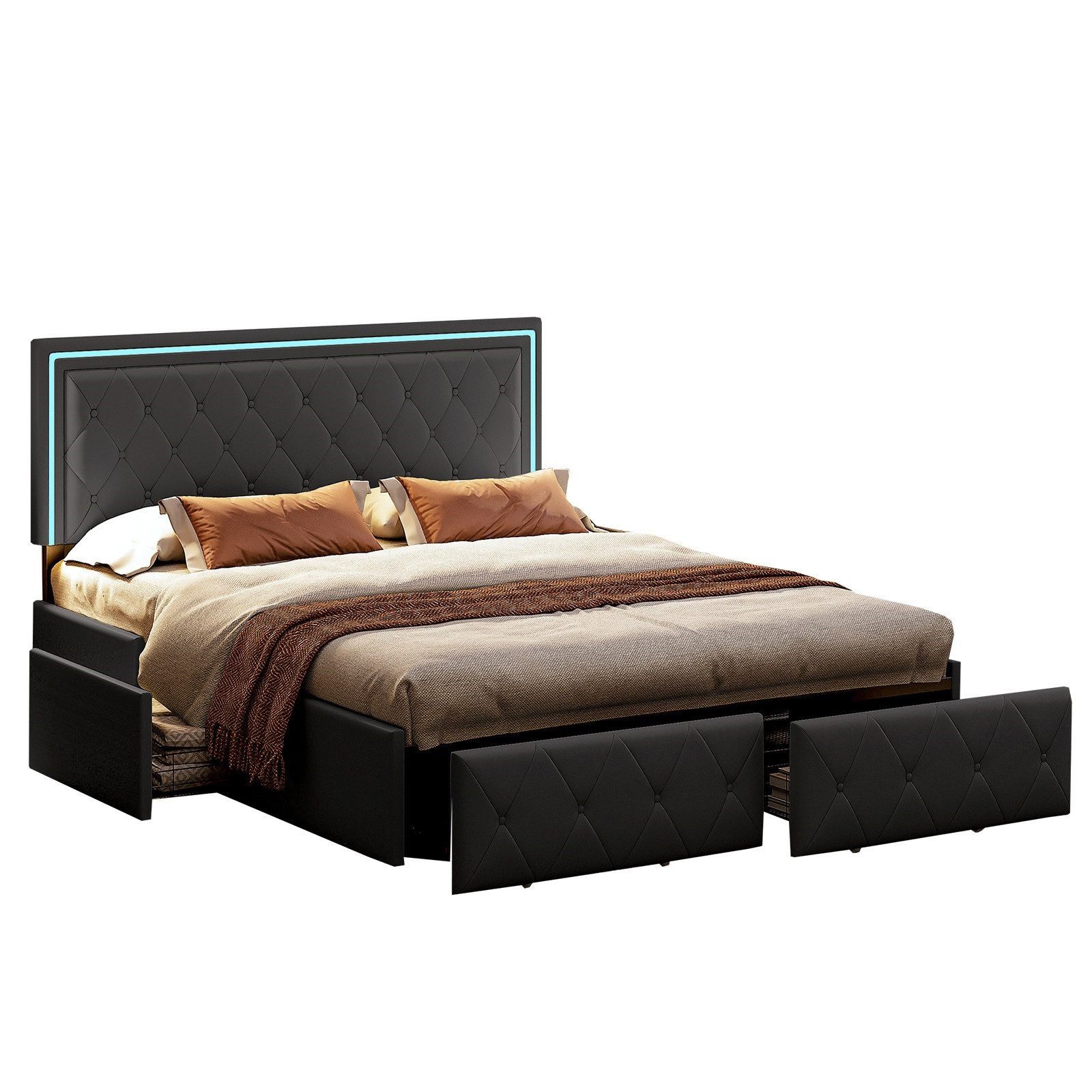 FUROKOY Stauraumbett Stauraumbett Polsterbett Doppelbett mit 4 Schubladen (1-tlg., Jugendbett mit Höhenverstellbares Kopfteil), mit Metallrahmen und Lattenrost, 140x200 cm, Kunstleder, Grau