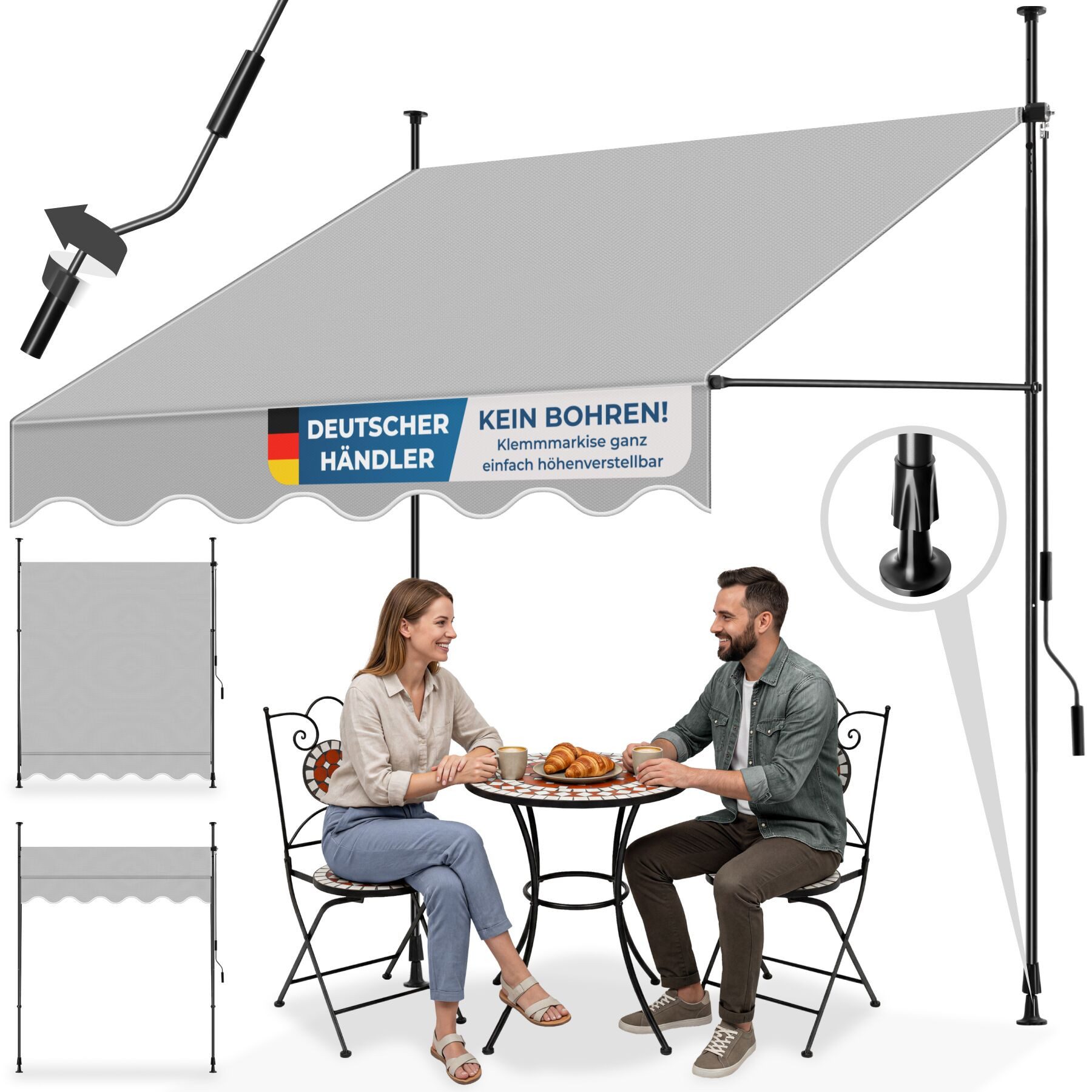 tectake Klemm-Senkrechtmarkise Klemmmarkise - Balkonmarkise mit Handkurbel, UV-beständig (Sichtschutz/Sonnenschutz für Terrasse und Garten, in hellgrau) 180 x 150 x 304 cm, höhenverstellbar 211 - 304 cm, wasserabweisend