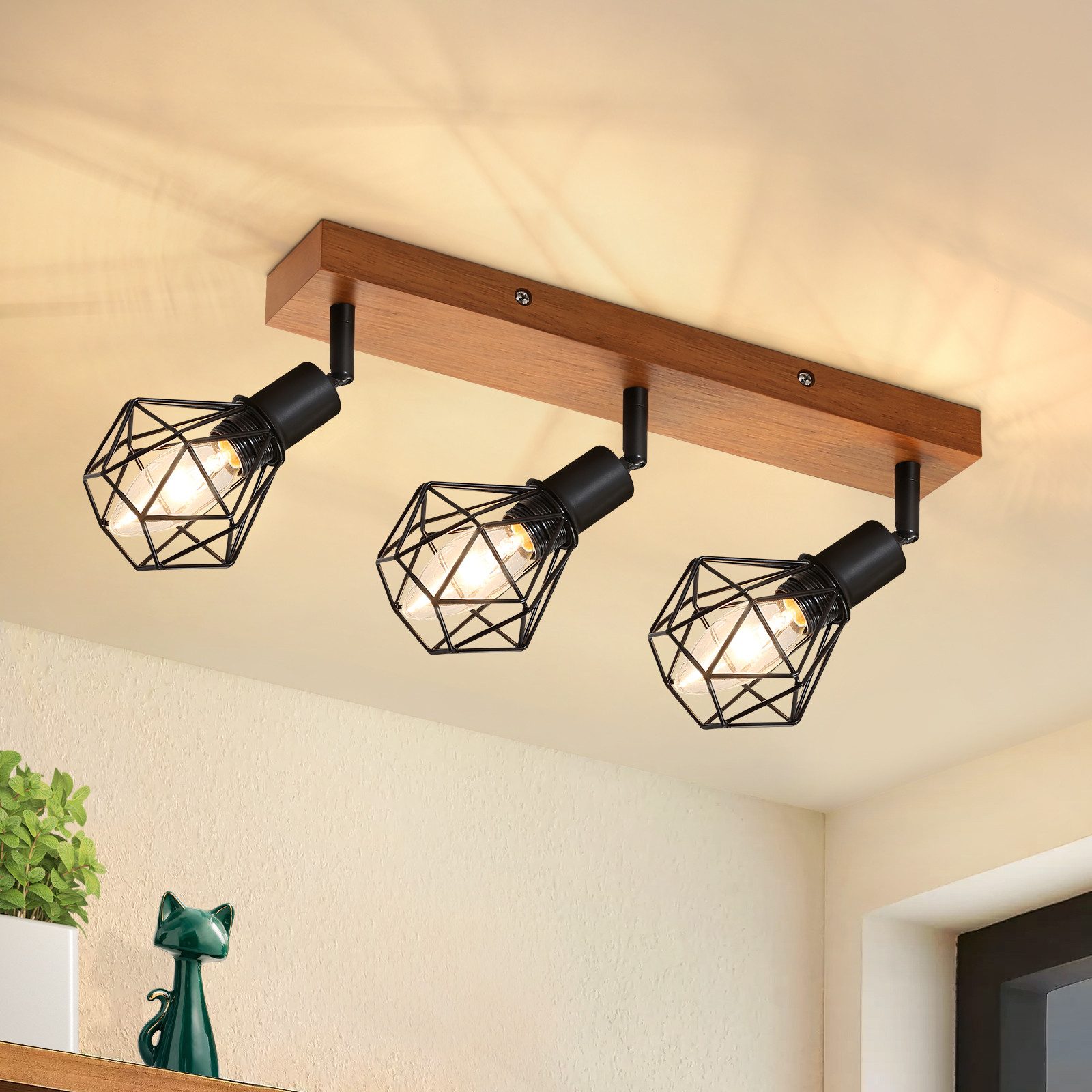 ZMH Deckenleuchten Schwarz Deckenspot - E14 Vintage Schwenkbar 350° für Flur Wohnzimmer, Augenschutz, LED wechselbar, Holz Deckenlampe, Schlafzimmer Küche
