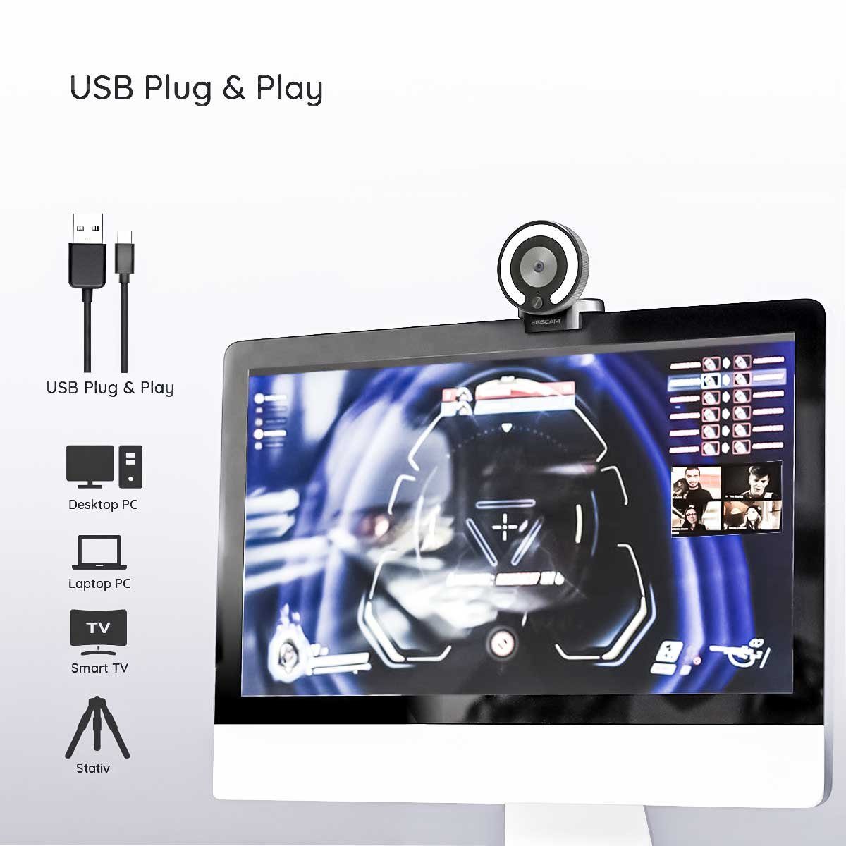 Plug Integriertes HD-Webcam Foscam Full W28 Play) Mikrofon, (Autofokus, and Helligkeitseinstellung,