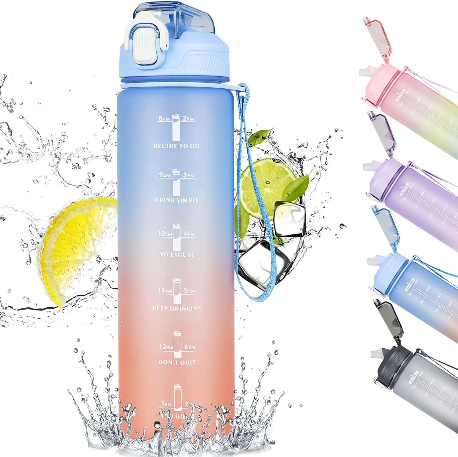 Trinkflasche 1L Wasserflasche, Trinkflasche mit Strohhalm und Zeitmarkierung