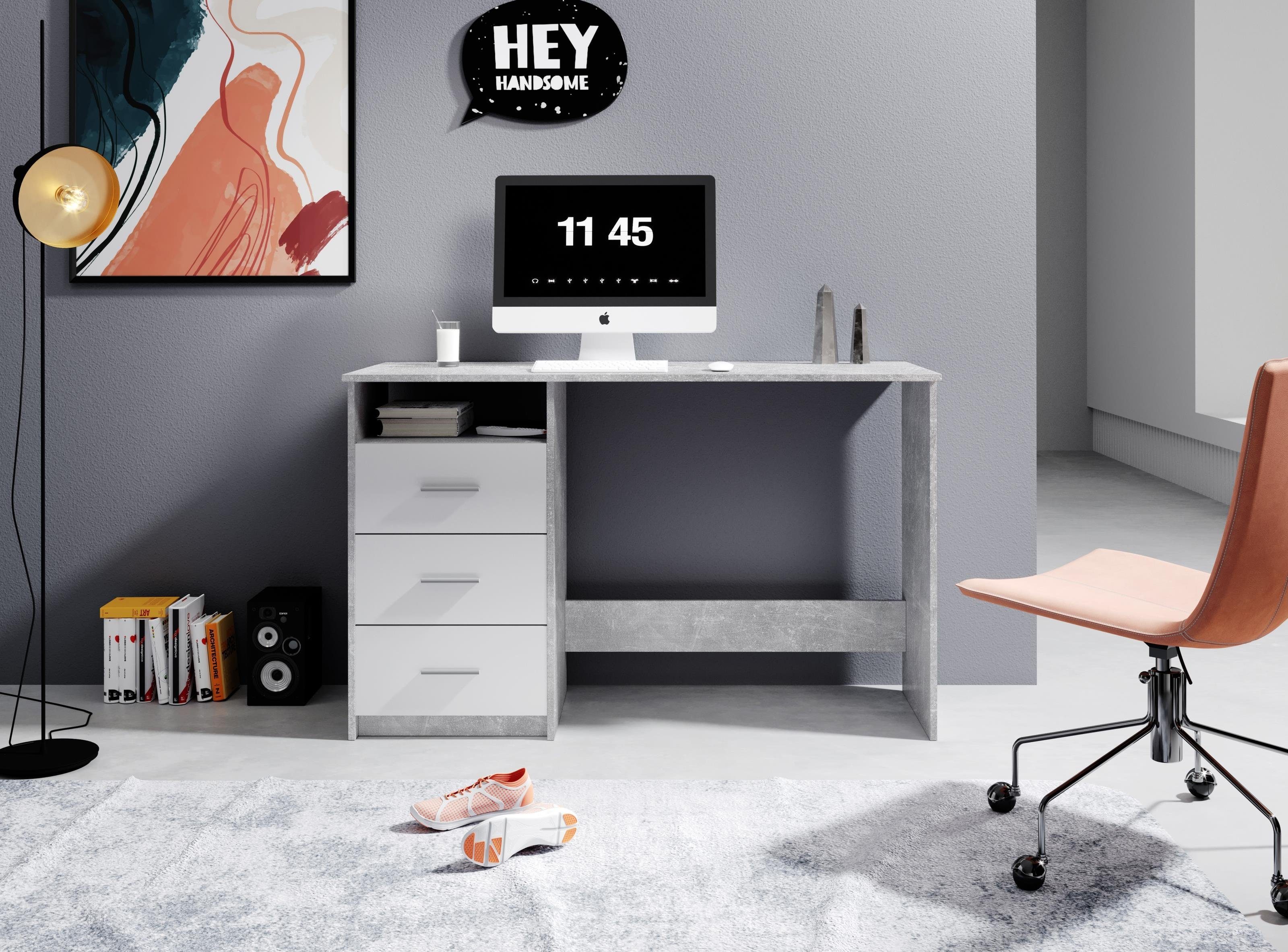 PREISBRECHER Schreibtisch Schreibtisch >Mack< - 123x76x50cm (BxHxT), aus Spanplatte in Beton mit 3 Schubkästen und 1 offenes Fach. – Bild 5 von 5