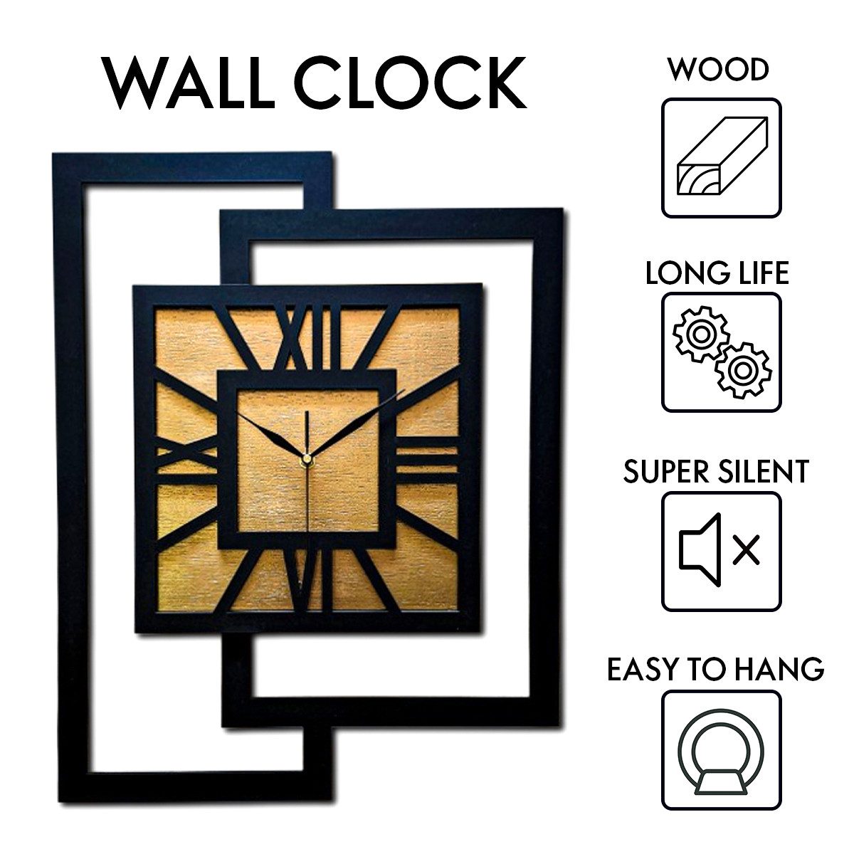 ORNAMENTI Wanduhr Große handgefertigte, moderne, aus Holz, Hingucker, 44 x 56 cm, Gold (Rechteckig vertikal ohne Tickgeräusche für Wohnzimmer lesbare Ziffern)