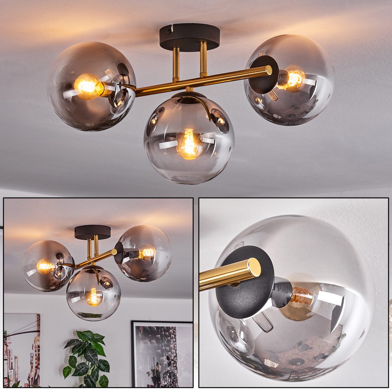 Deckenleuchte Deckenlampe aus Metall/Glas in Schwarz/Gold-/Rauchfarben/Klar