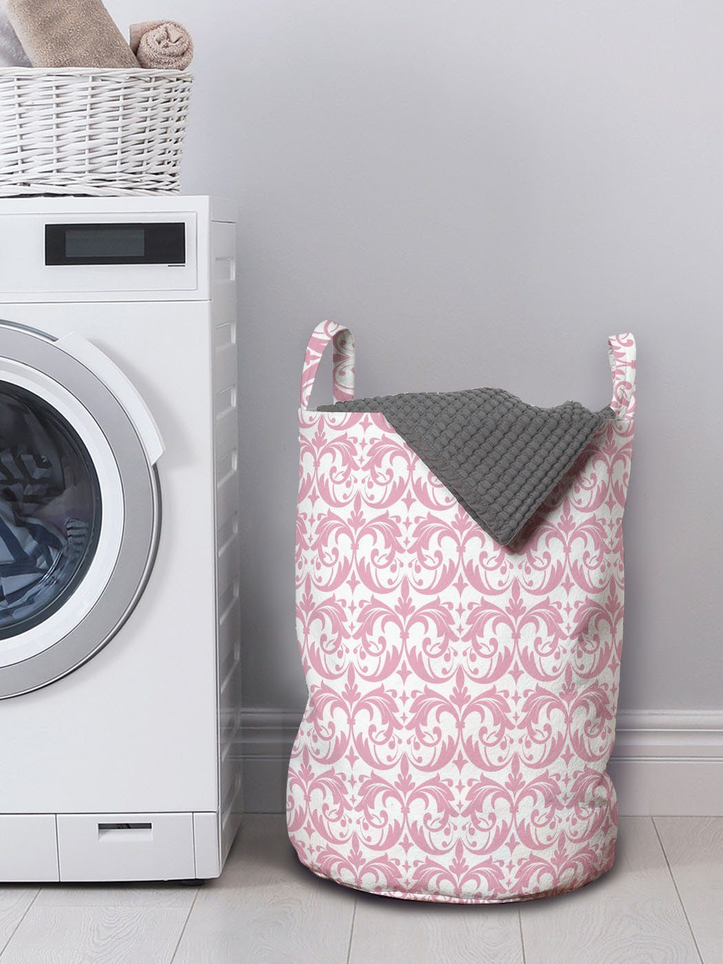 Rosa mit Griffen Wäschesäckchen Romantische Abstrakte Kordelzugverschluss Wäschekorb Damast Kunst Waschsalons, für Abakuhaus