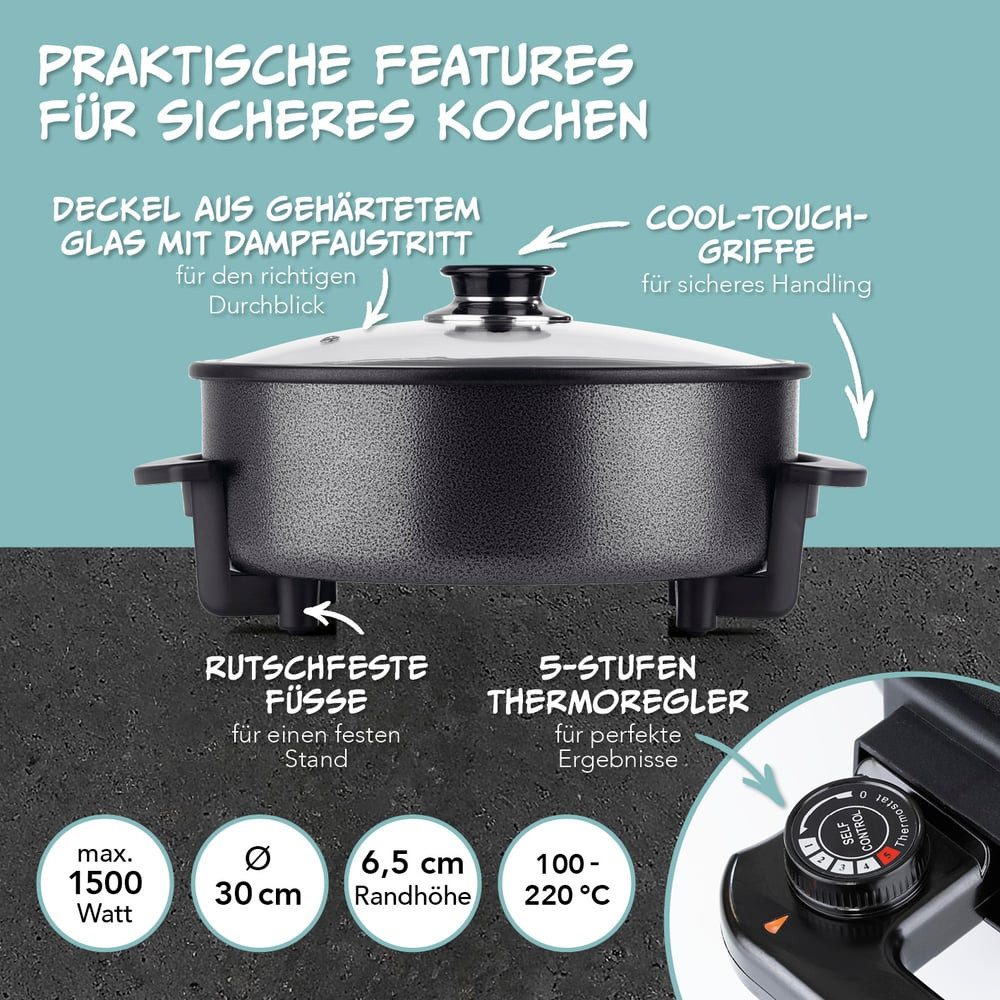 GOURMETmaxx Elektrische Pfanne 1500W metallic schwarz 30cm mit Deckel und Trenner, 1500 W, Pasta Pizza ohne Herd zubereiten Antihaftbeschichtung mit Cool-Touch