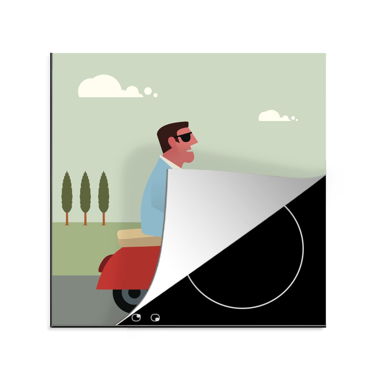 78x78 Arbeitsplatte Illustration für (1 Mannes küche Ceranfeldabdeckung, cm, MuchoWow tlg), Vinyl, auf Herdblende-/Abdeckplatte einer Vespa, eines roten