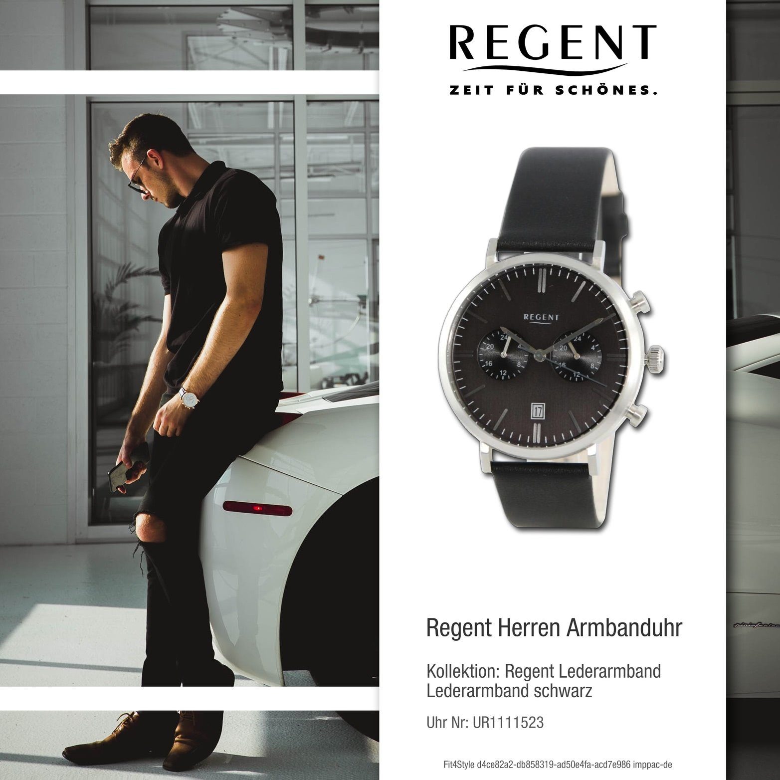 Regent Herren groß rundes schwarz, Armbanduhr extra Regent Analog, Lederarmband (ca. Quarzuhr 41mm) Herrenuhr Gehäuse,