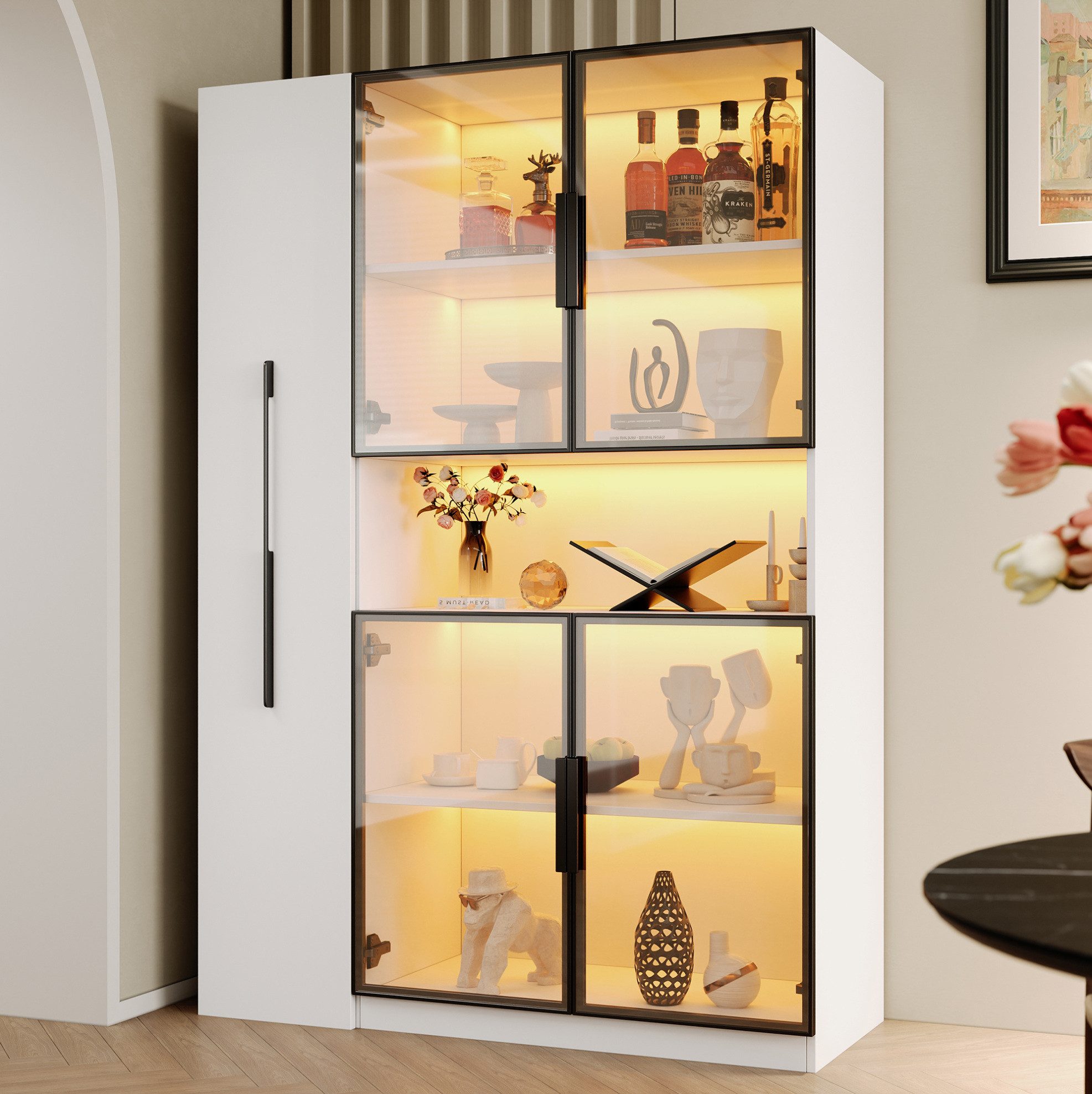 OKWISH Vitrine LED-Glasschrank mit Auszügen & Schubladen (Packung, 1-St., Ausziehbare Regale & vertikale Schubladen) Weiß, 110×160×35 cm, Vielseitig für Wohnzimmer, Küche & Büro