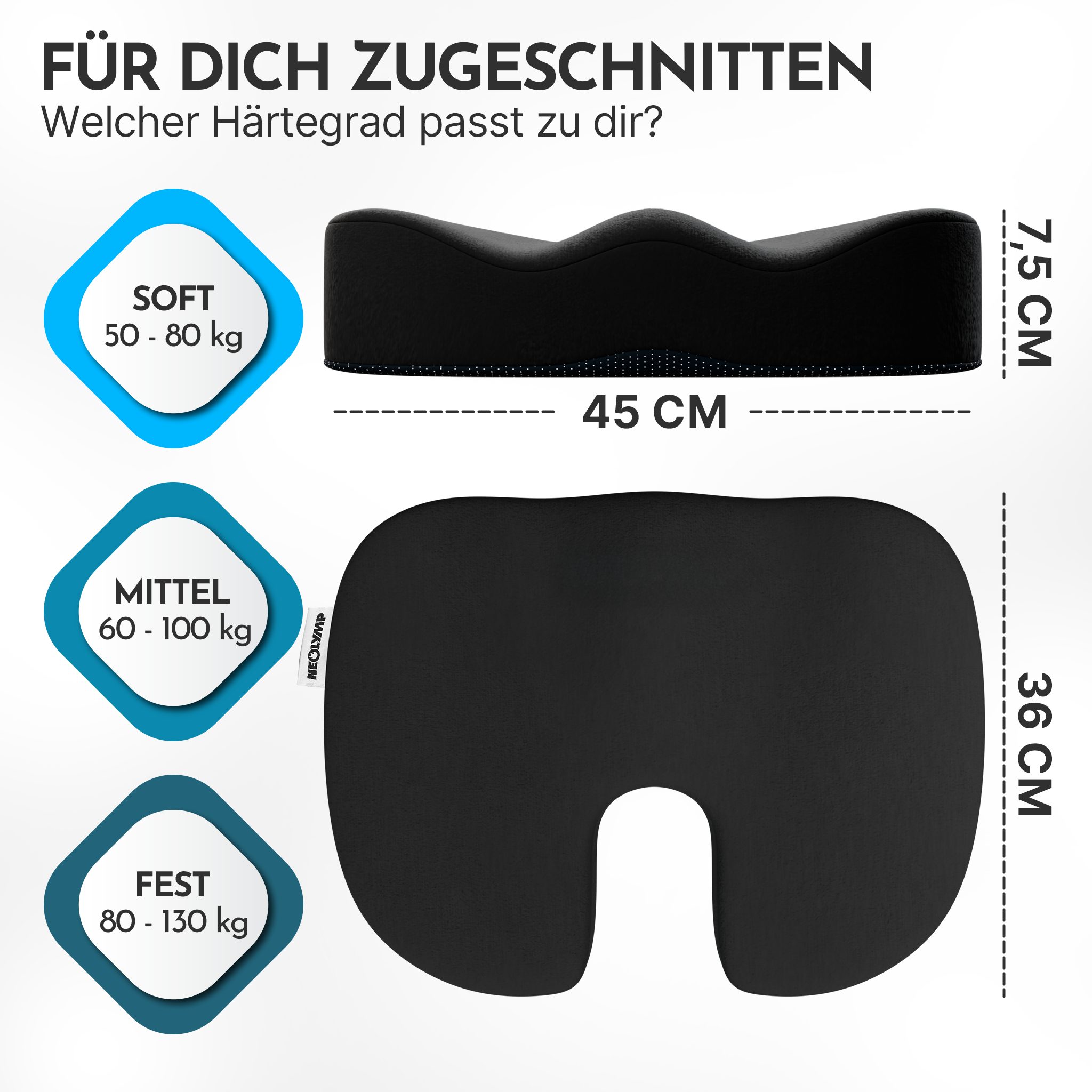 NEOLYMP Sitzkissen Orthopädisches Sitzkissen Memory Foam Kissen mit Steißbein-Aussparung, Ergonomisches Design für Büro, Auto & Reisen – 3 Härtegrade