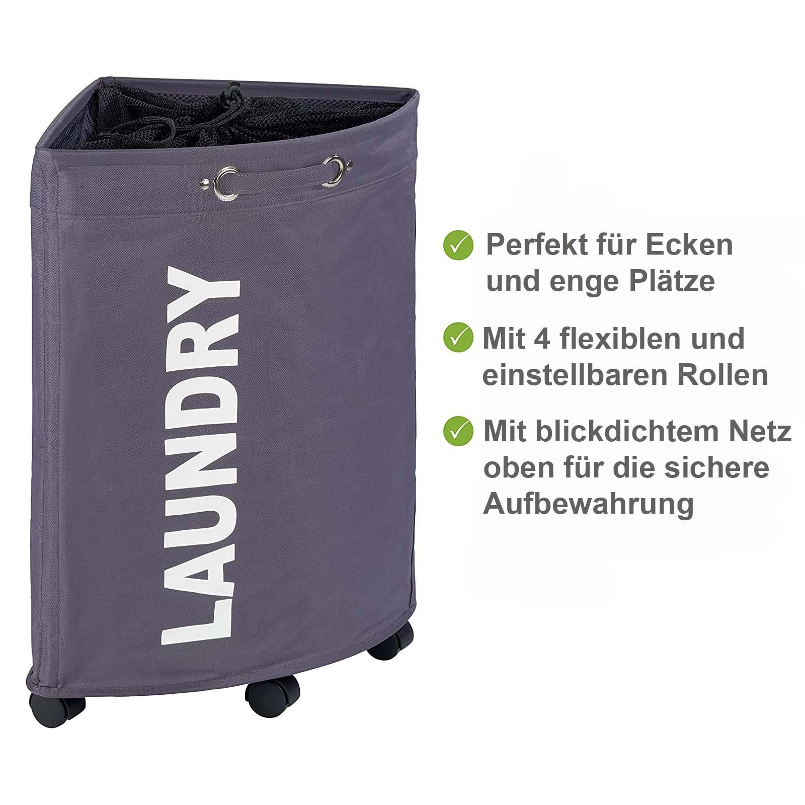 WENKO Wäschebox Eck Wäschetonne Wäschekorb Wäschebehälter, 50 Liter  Polyester 33 x 60 x 33 cm Dunkelgrau, Wäschebehälter: 100 % Polyester,  Rollen: Polypropylen