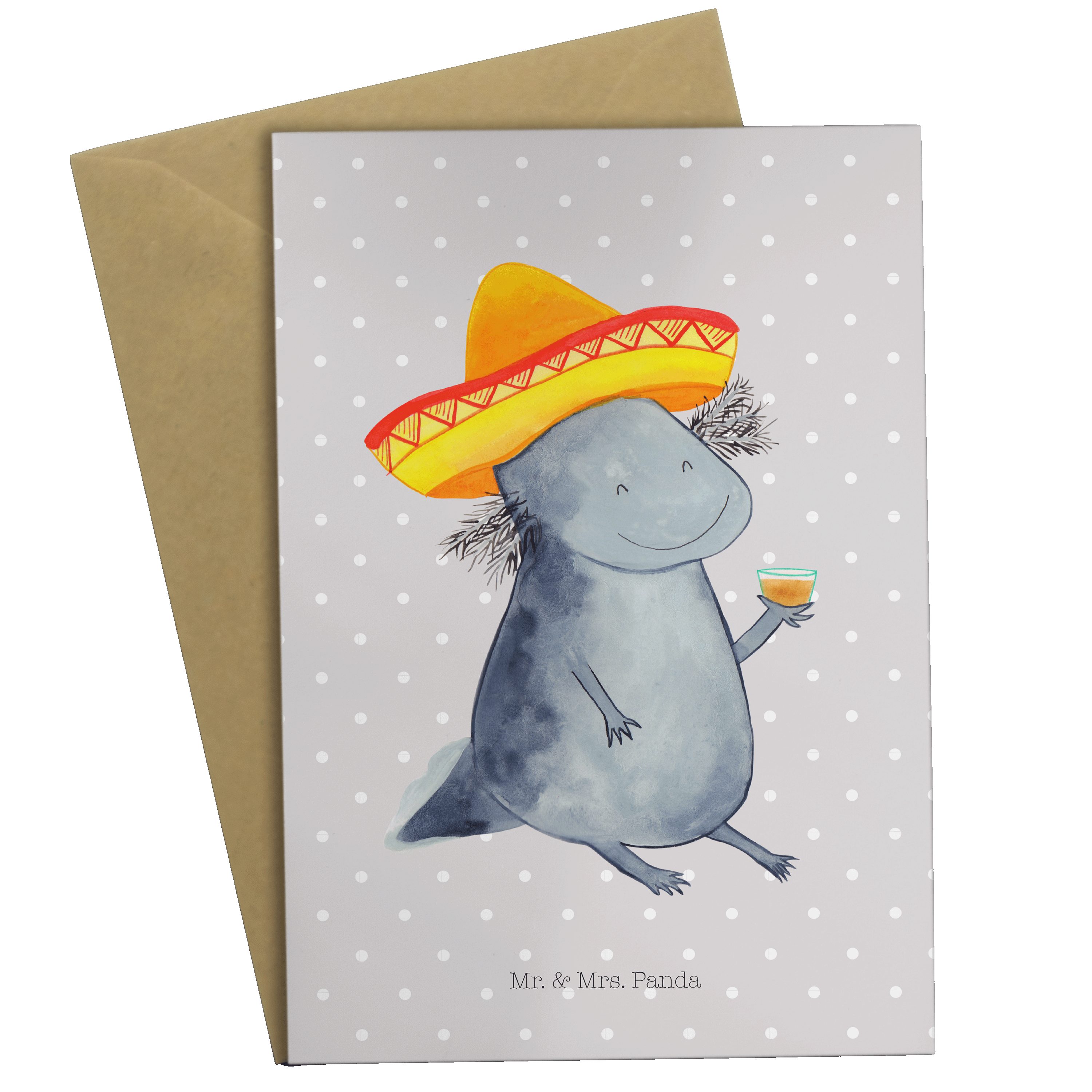 Mr. & Mrs. Panda Grußkarte Axolotl Tequila - Grau Pastell - Geschenk, Molch, Urlaub, Lurche, Sch