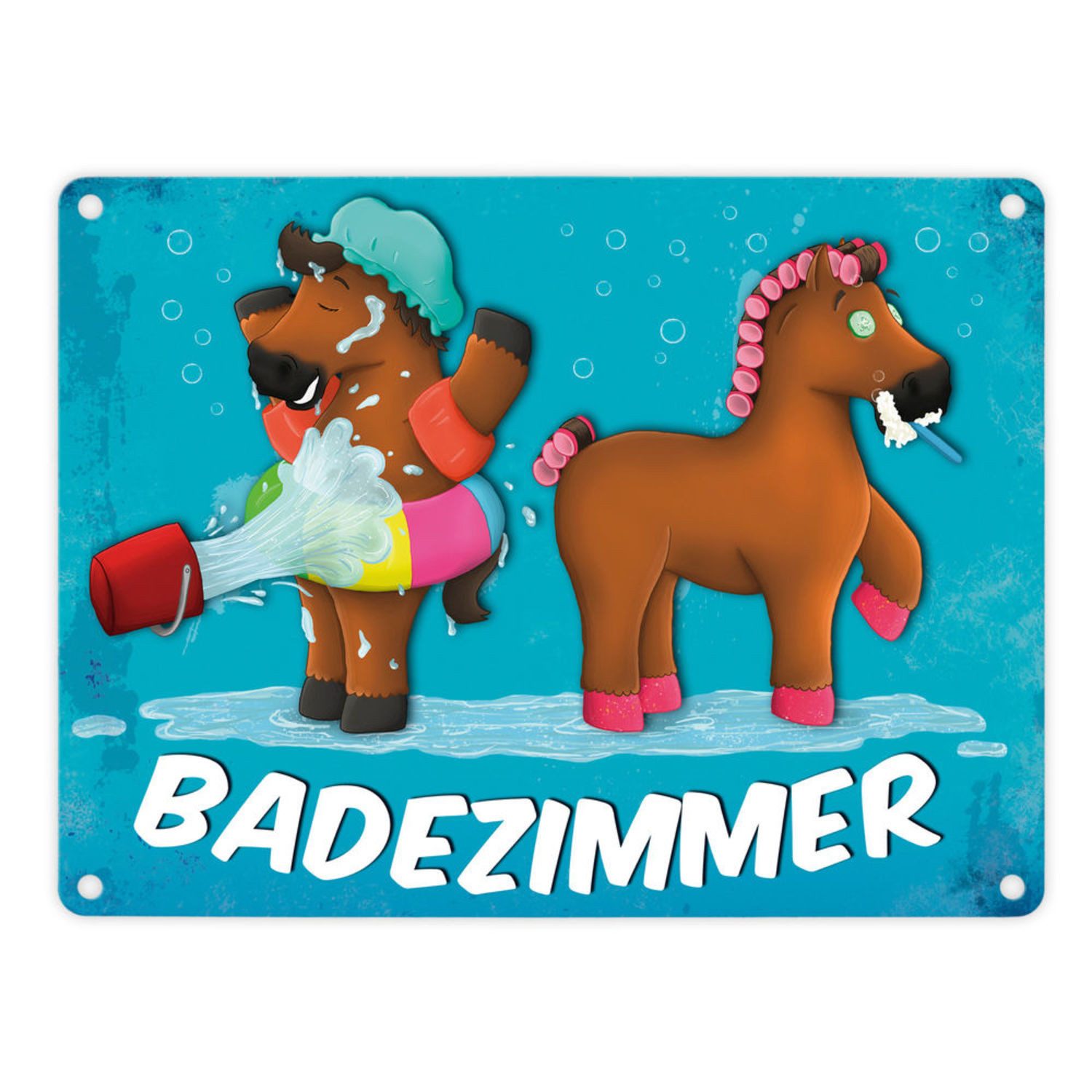 Metallschild Metallschild mit Pferde Motiv und Text: Badezimmer Blechschild Schild