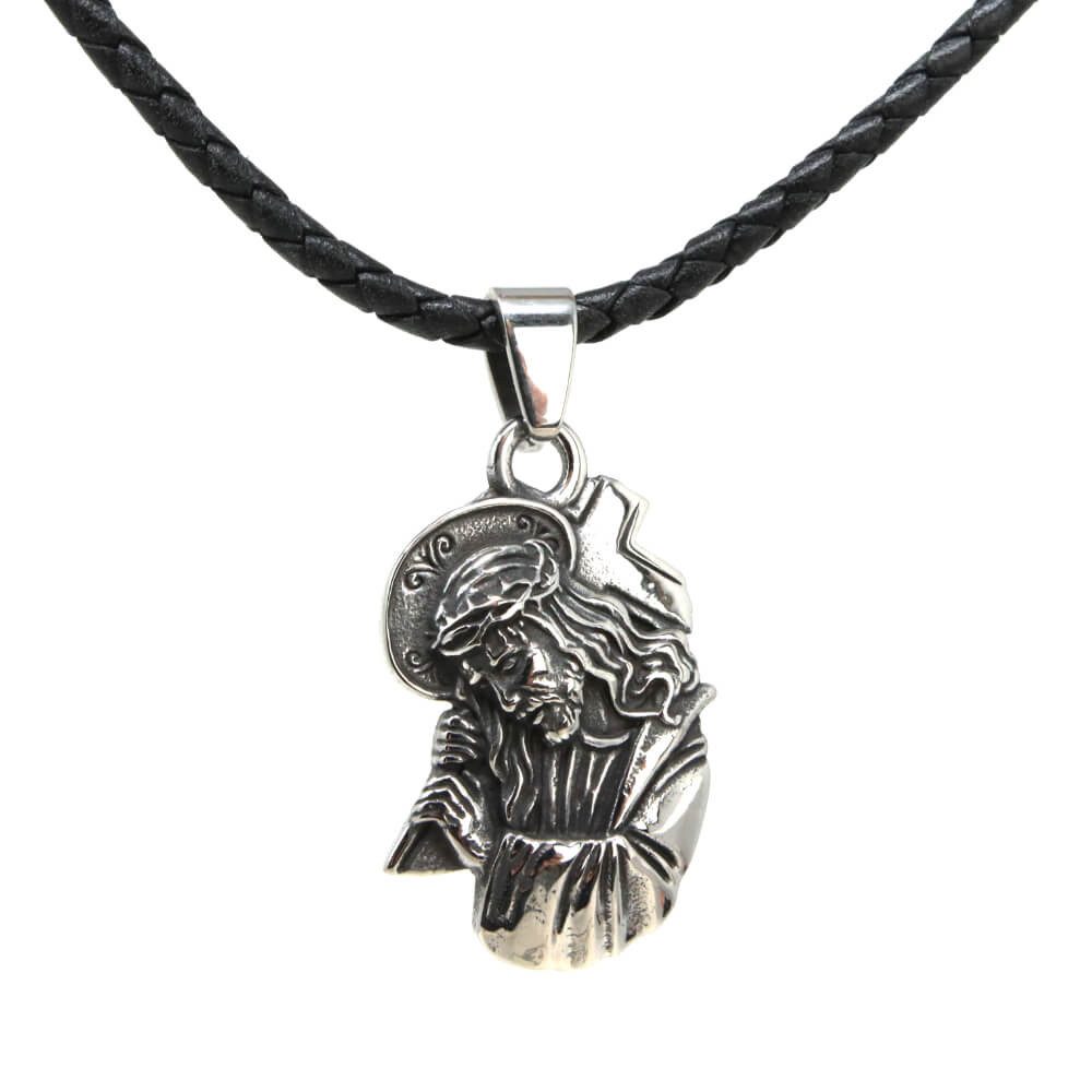 Kette mit Anhänger Lederkette Edelstahlkette 316L JESUS AMULETT