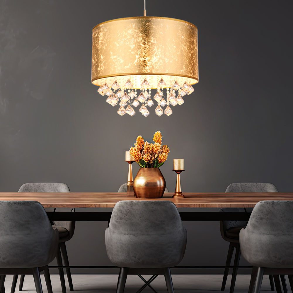 GLOBO LIGHTING LED Pendelleuchte, Leuchtmittel inklusive, Warmweiß, Hängelampe Esstischleuchte Pendellampe Textil gold Kristalle LED 140cm