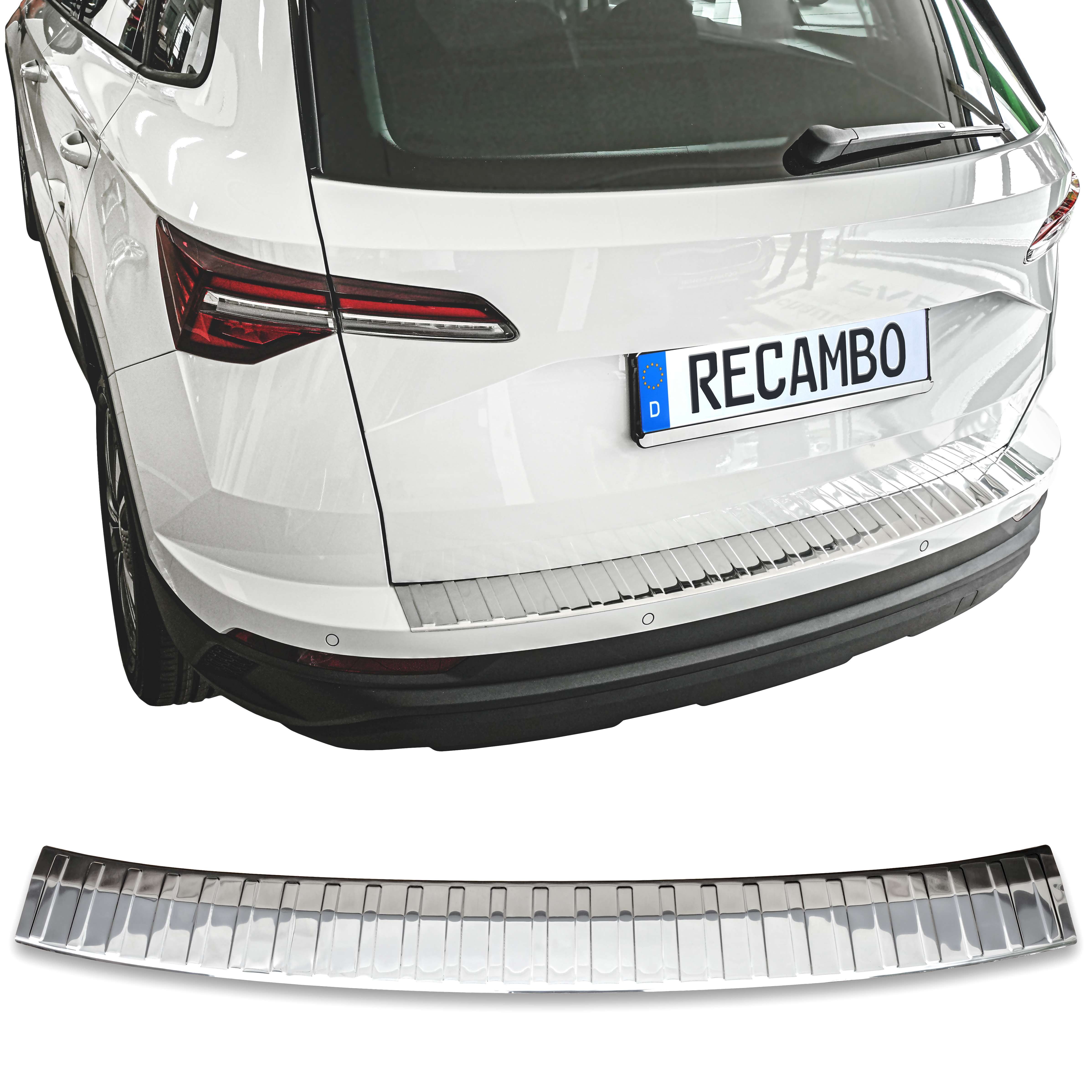 RECAMBO Ladekantenschutz für Skoda Karoq, NU7, BJ ab 2017> Stoßstangenschutz, V2A rostfrei, Exklusive Optik, praktischer Schutz & perfekte Passform