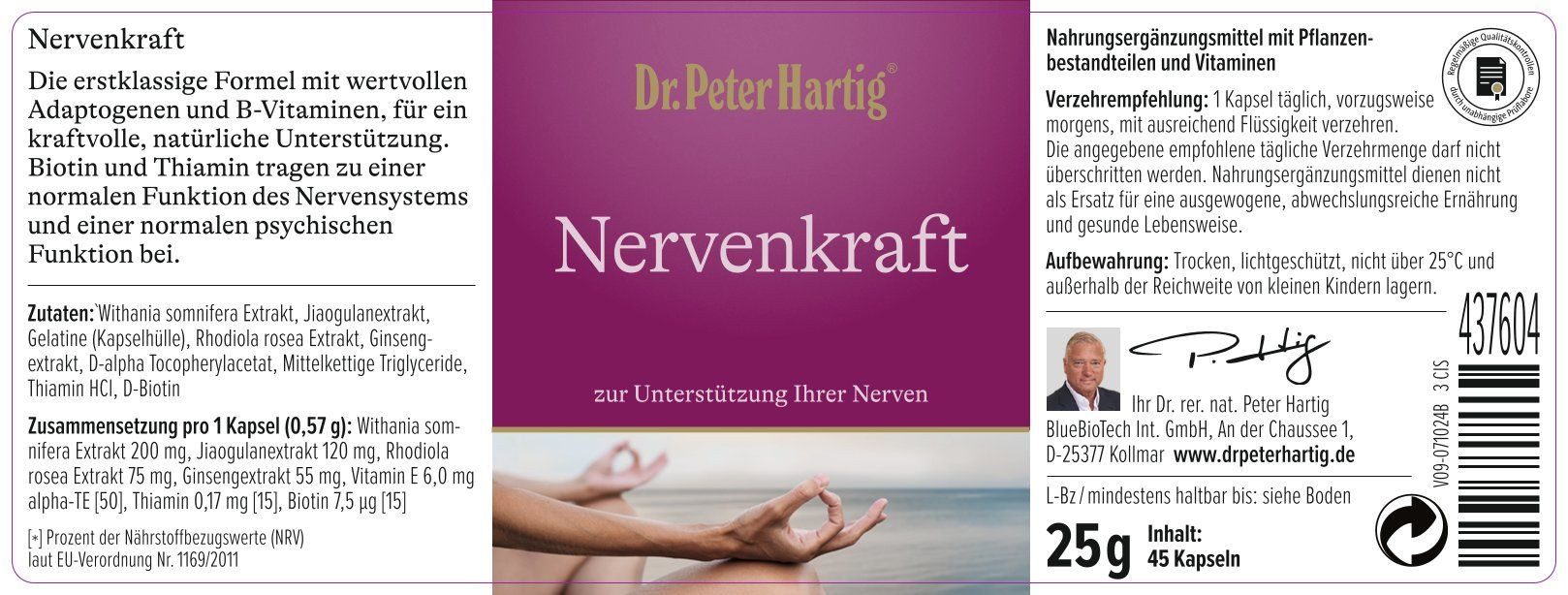 Dr. Peter Hartig Nervenkraft, unterstützt das Nervensystem, Vitamin B1, Ginsengextrakt Kapseln, 45 Kapseln, 45-Tages-Vorrat, à 25 g