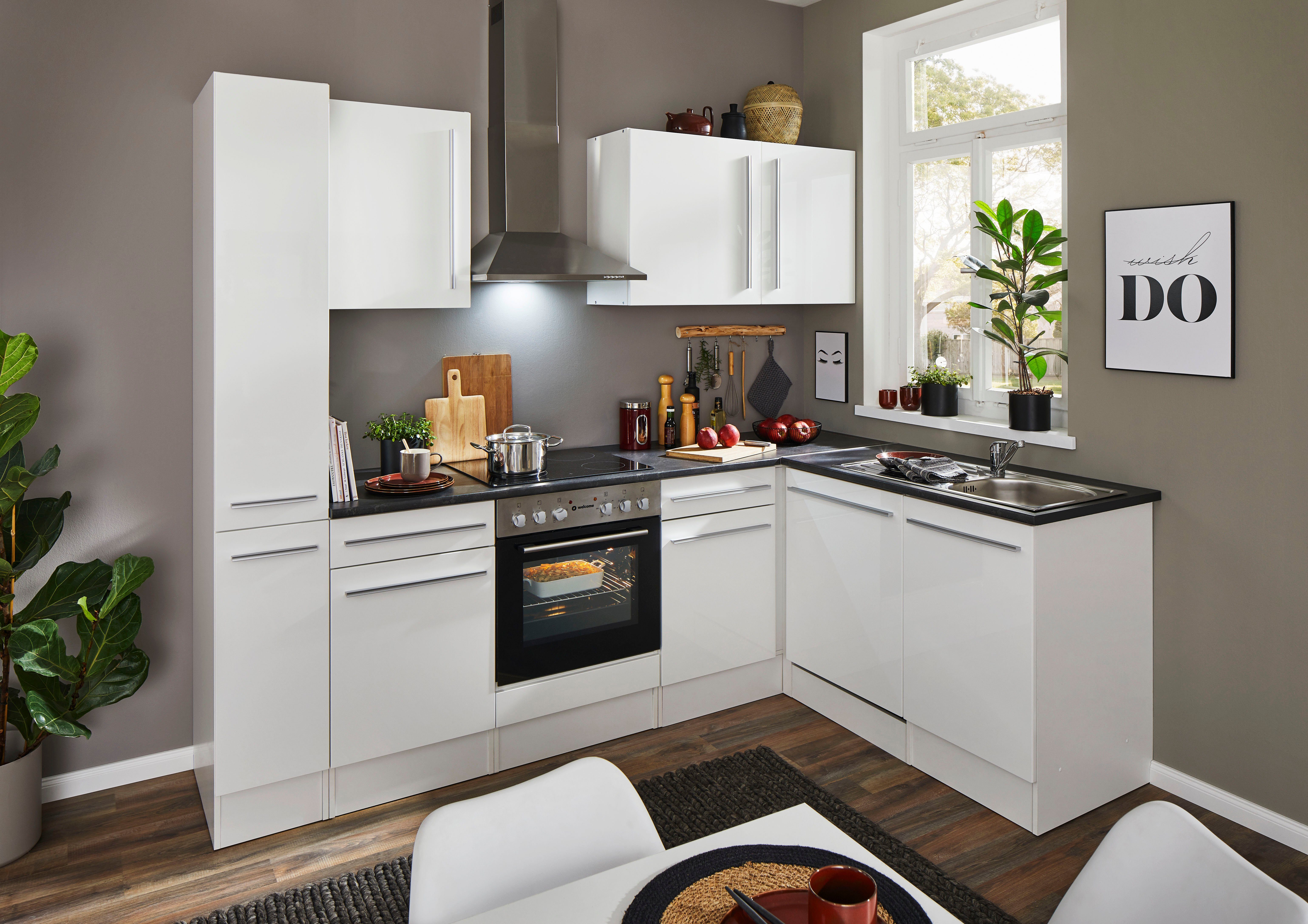Winkelküche mit Hochglanz-stone | wahlweise hochglanz dark Stellbreite 250x175 Jazz, weiß/weiß weiß E-Geräten cm, BASIC by Balculina