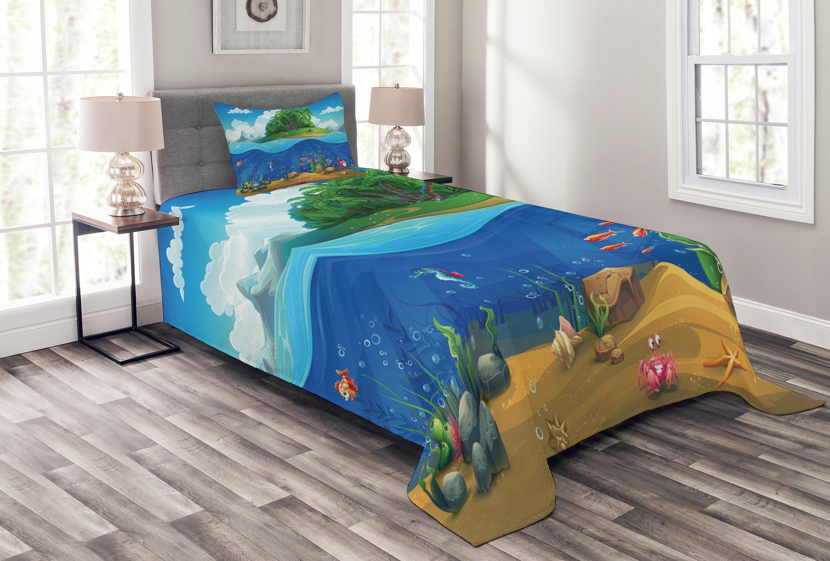 Tagesdecke Set mit Kissenbezügen Grafik-Strand Waschbar, Unterwasser Abakuhaus, Cartoon
