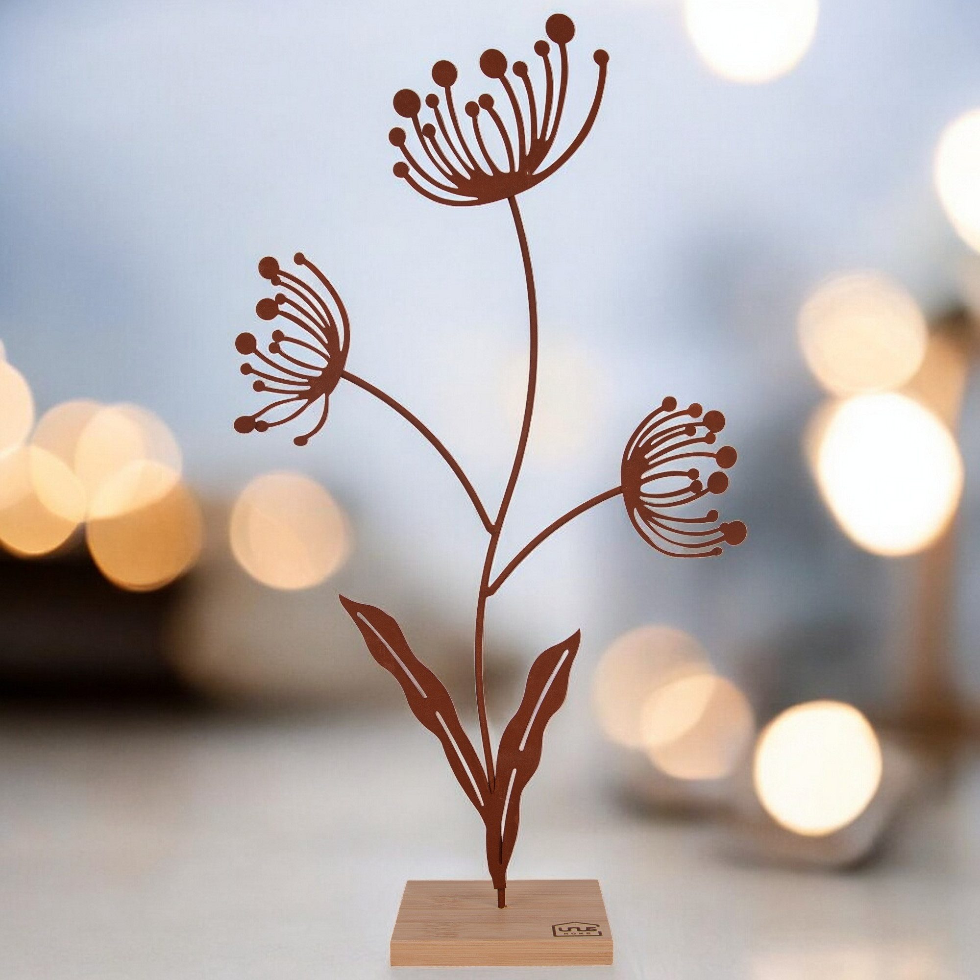 UNUS HOME Dekofigur Aufsteller Deko-Blume (groß, Rost), Blumen-Silhouette aus Metall und Bambus-Holz Wohndekoration – Bild 2 von 4