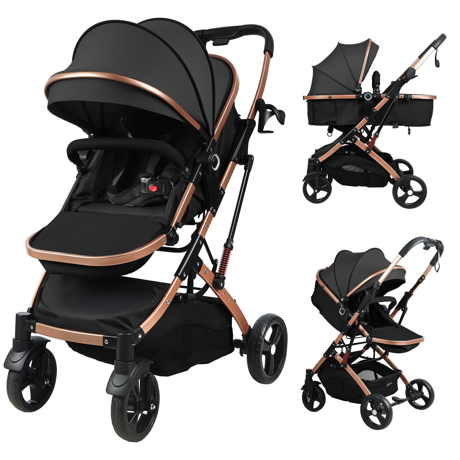 Rutaqian Kombi-Kinderwagen Kombi-Kinderwagen mit Babywanne, Faltbarer Babywagen mit Umkehrbarem, Baby Kinderwagen mit Sonnenverdeck, Stoßdämpfung und 5-Punkt-Gurt 40kg
