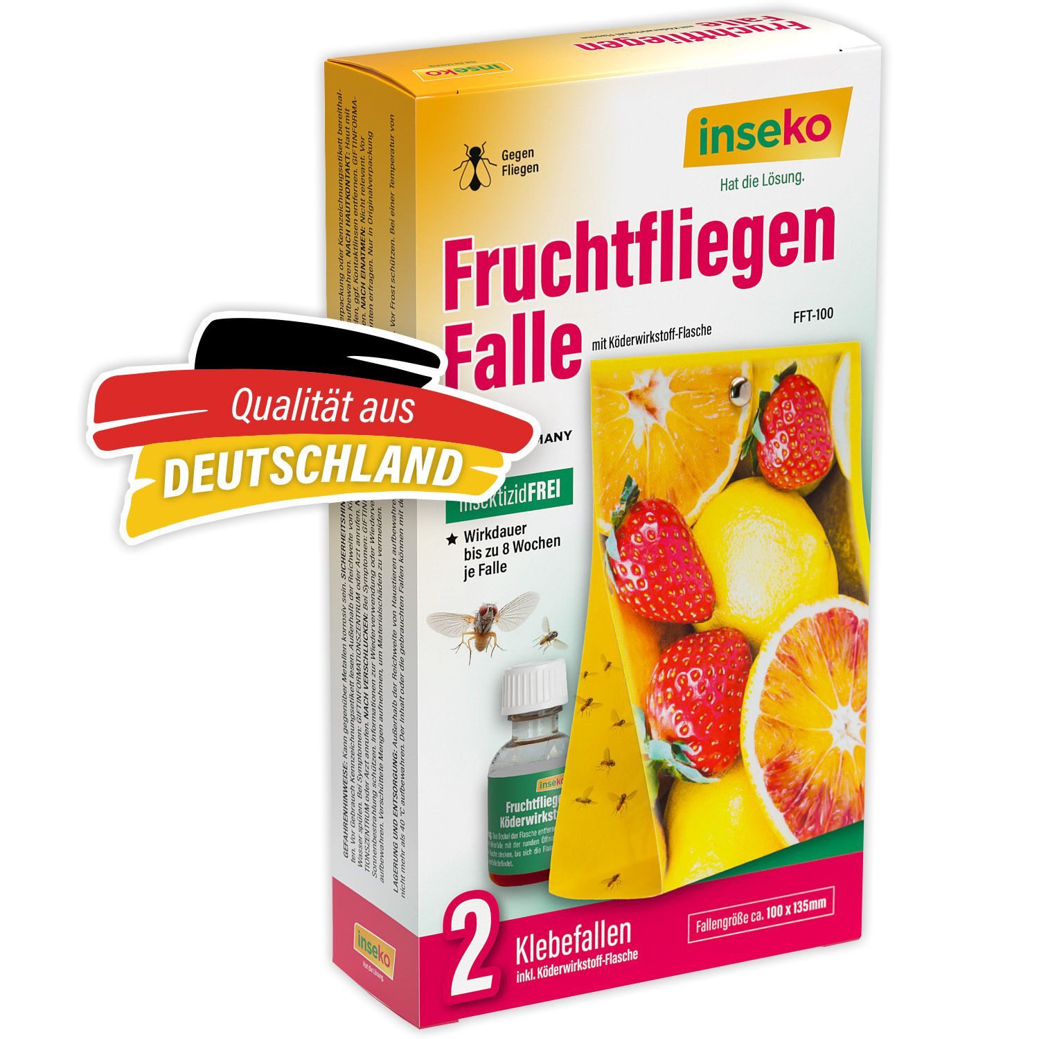 Inseko Insektenfalle 2x inseko Fruchtfliegen Falle I effektive Obstfliegenfalle, inkl. Fruchtfliegenköder und 2 Klebefallen je Packung
