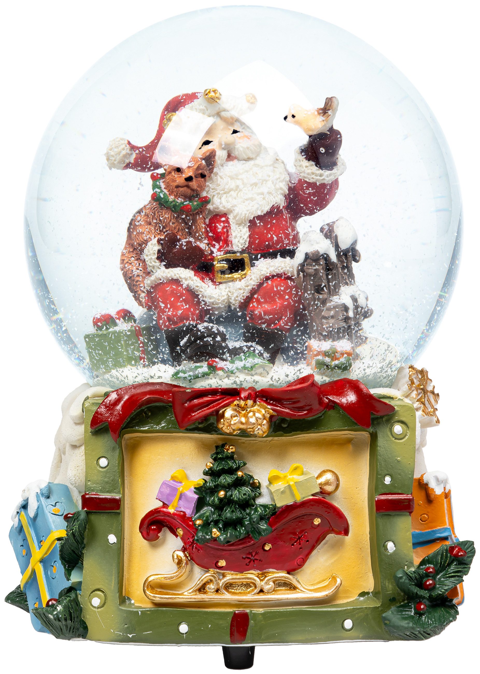 SIKORA Schneekugel SK21 Große Glas Schneekugel und Spieldose Weihnachtsmann D:100mm, mit Katze und Vogel