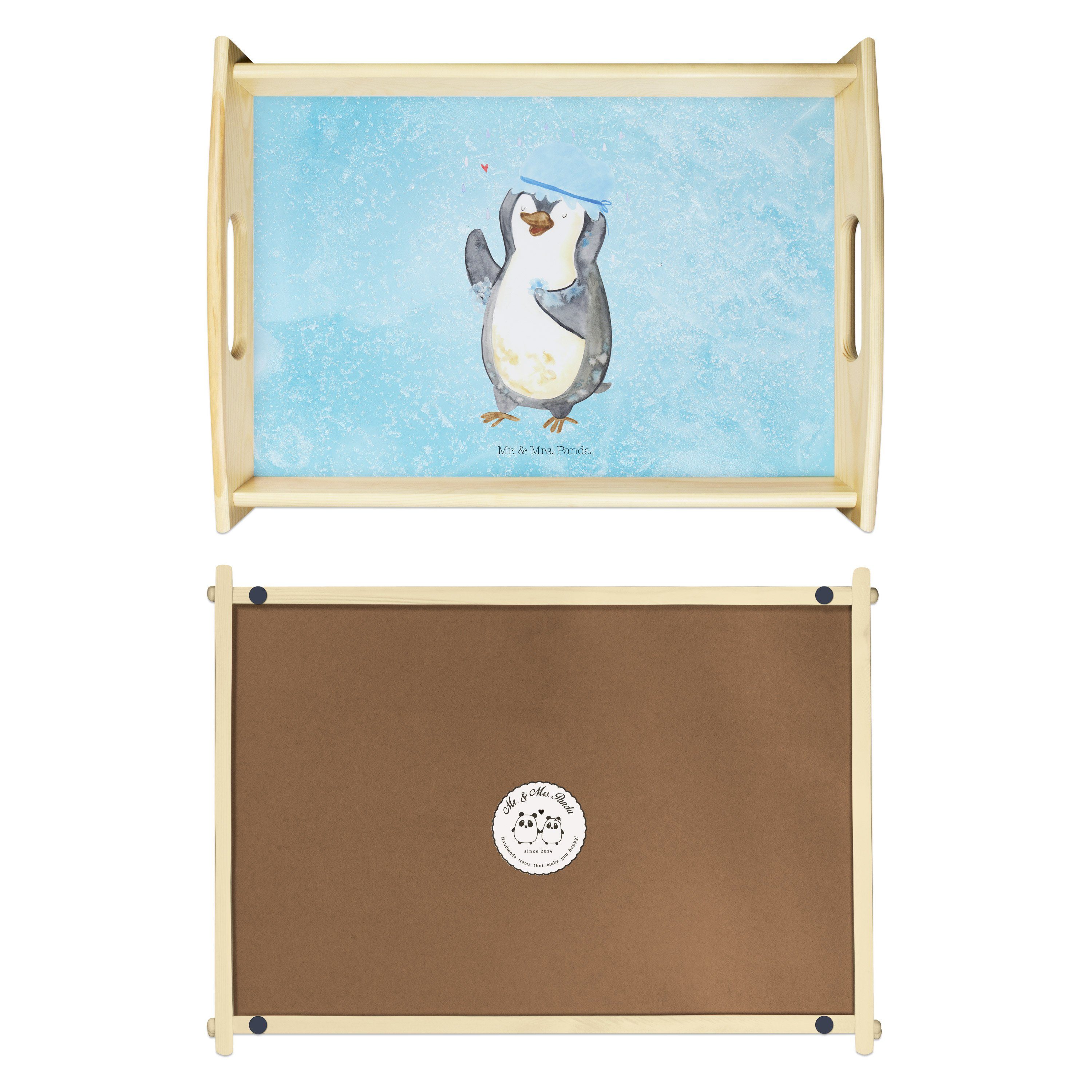 Mr. & Mrs. Panda Tablett Pinguin duscht - Eisblau - Geschenk, duschen, Dusche, Küchentablett, Echtholz lasiert, (1-tlg)