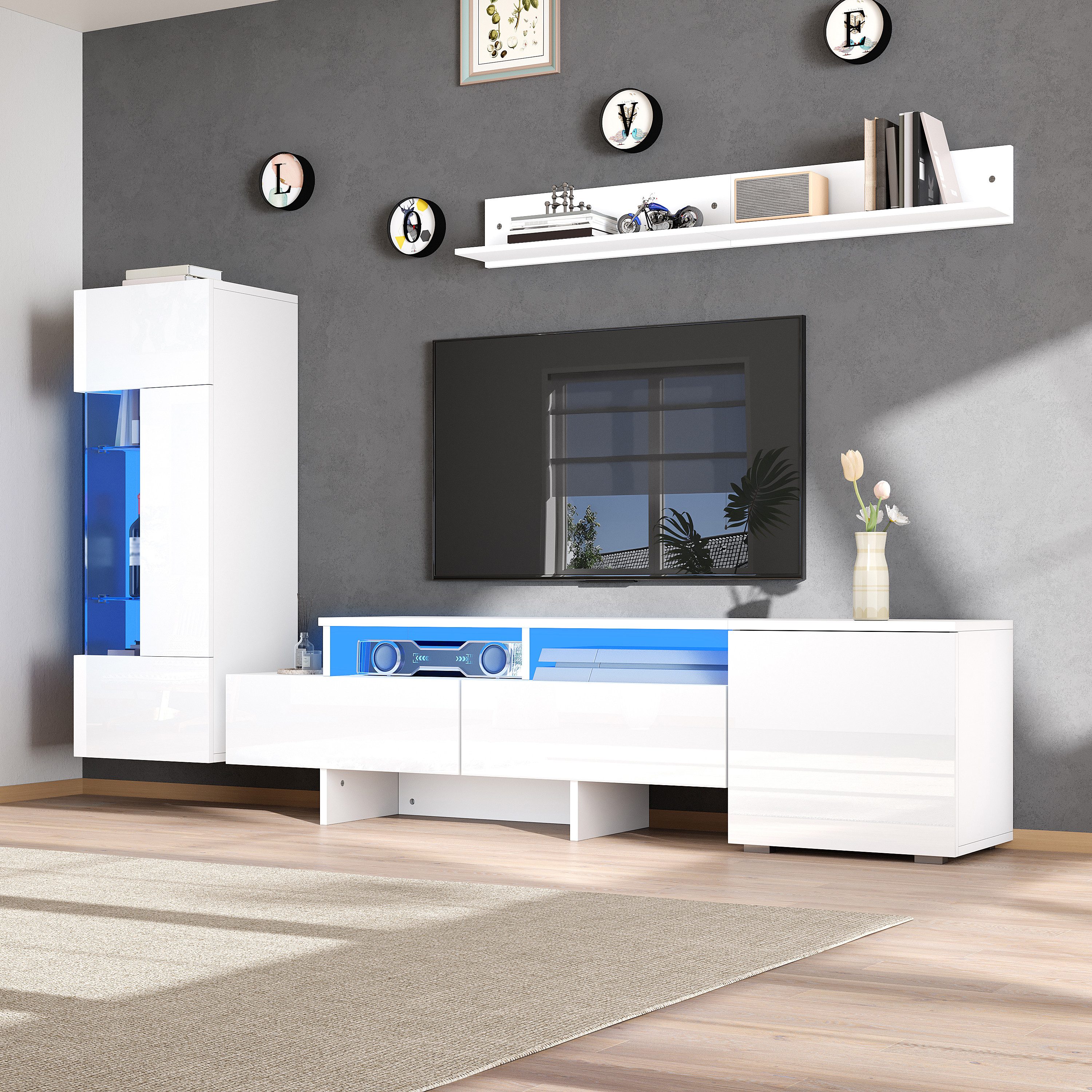STILVORA Wohnzimmer-Set hochglanz TV-Schrank bis 70' Vitrine Hängeregal mit LED Licht Weiß