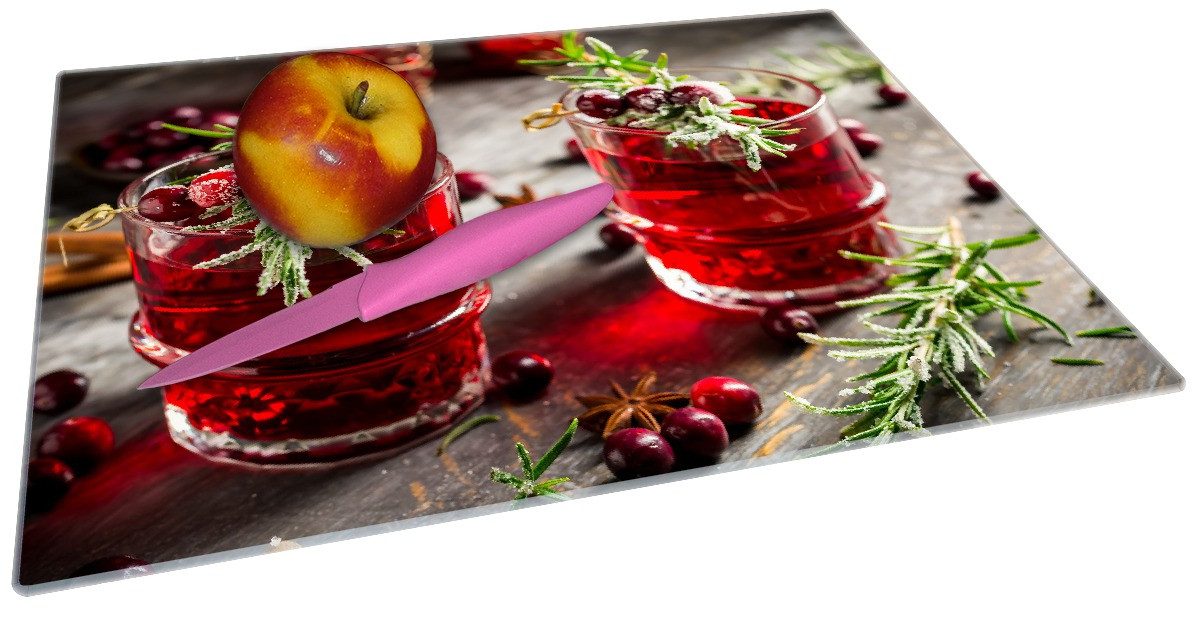 Wallario Schneidebrett Winterlicher Cranberry-Punsch mit Rosmarin, ESG-Sicherheitsglas, (inkl. rutschfester Gummifüße 4mm, 1-St), 30x40cm