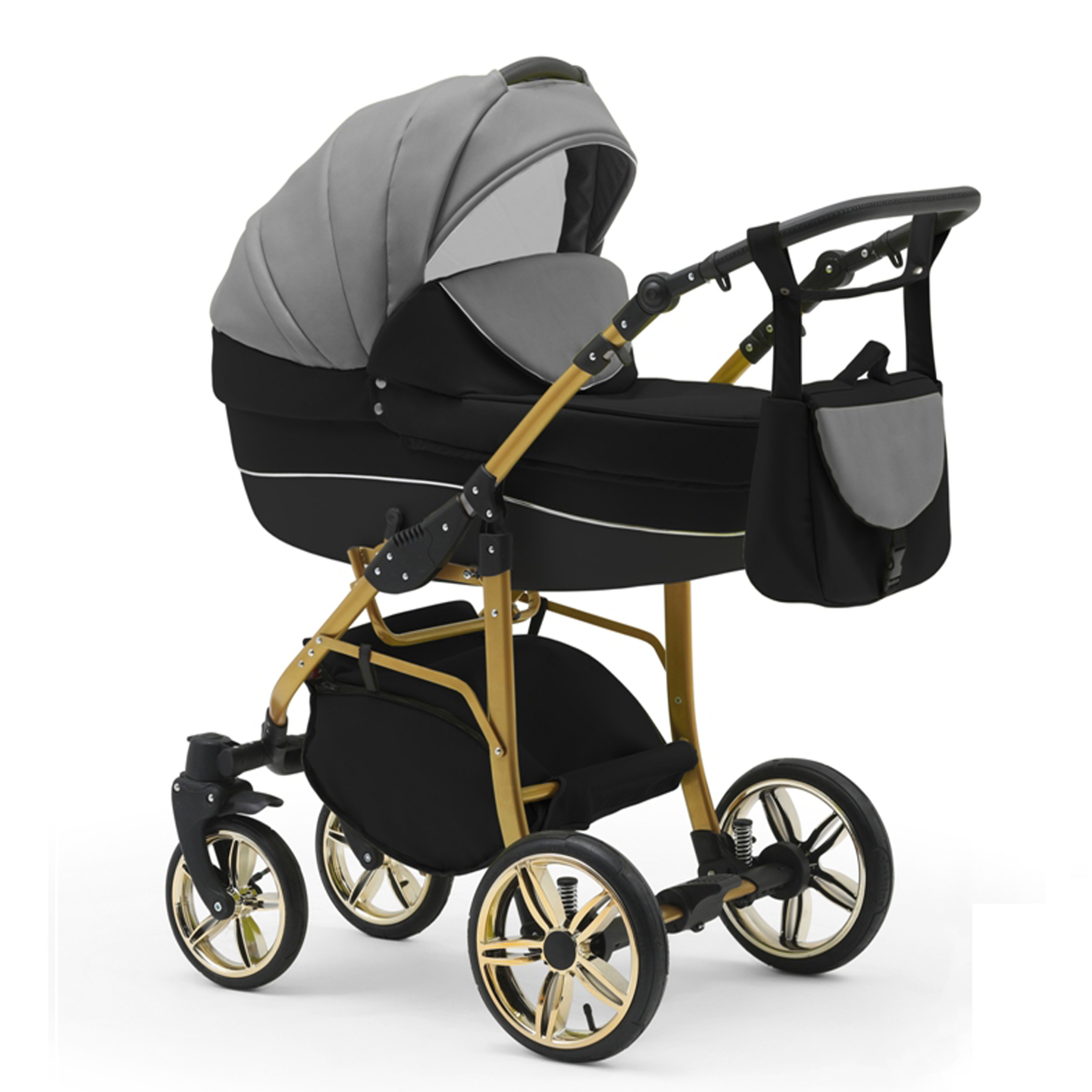 babies-on-wheels Kombi-Kinderwagen 2 in 1 Kinderwagen-Set Cosmo ECO Gold - 13 Teile - in 46 Farben Grau-Schwarz-Schwarz
