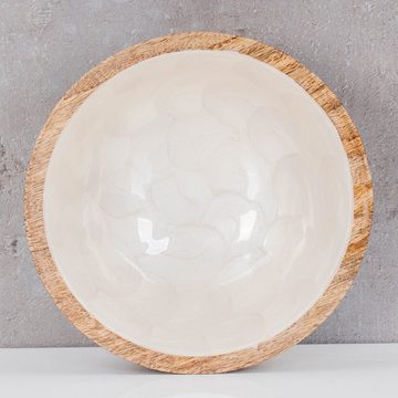 Levandeo® Dekoschale, Schüssel 15cm Mango Holz Creme Perlmutt Emaille Schale Bowl