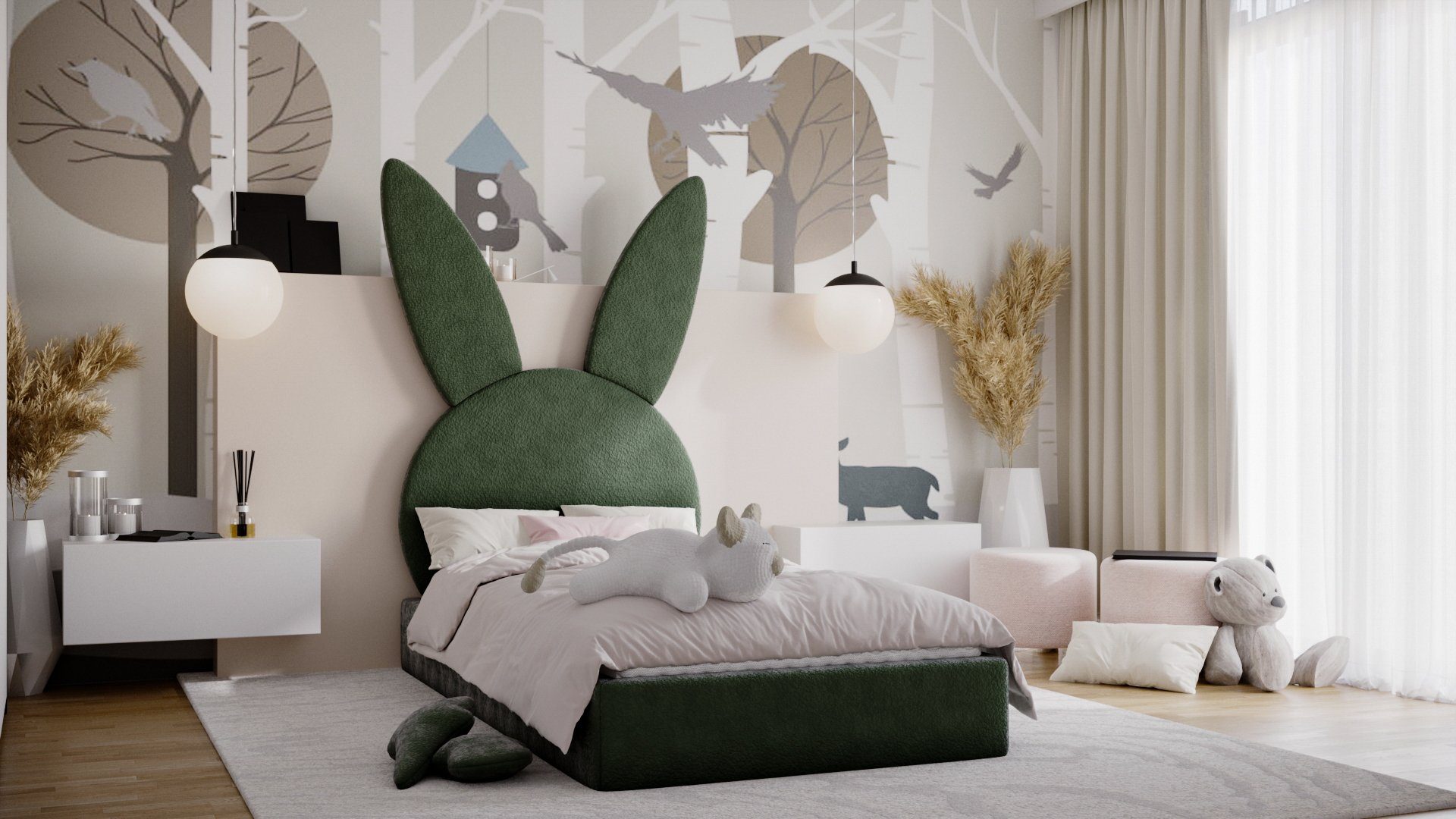 in Kopfteil Bett Bukla in Grün Ascot (mit oder Kinderbett Polsterbett Stoff Häschenform Matratze), Comfort-Plus ohne HÄSCHEN Fun Möbel