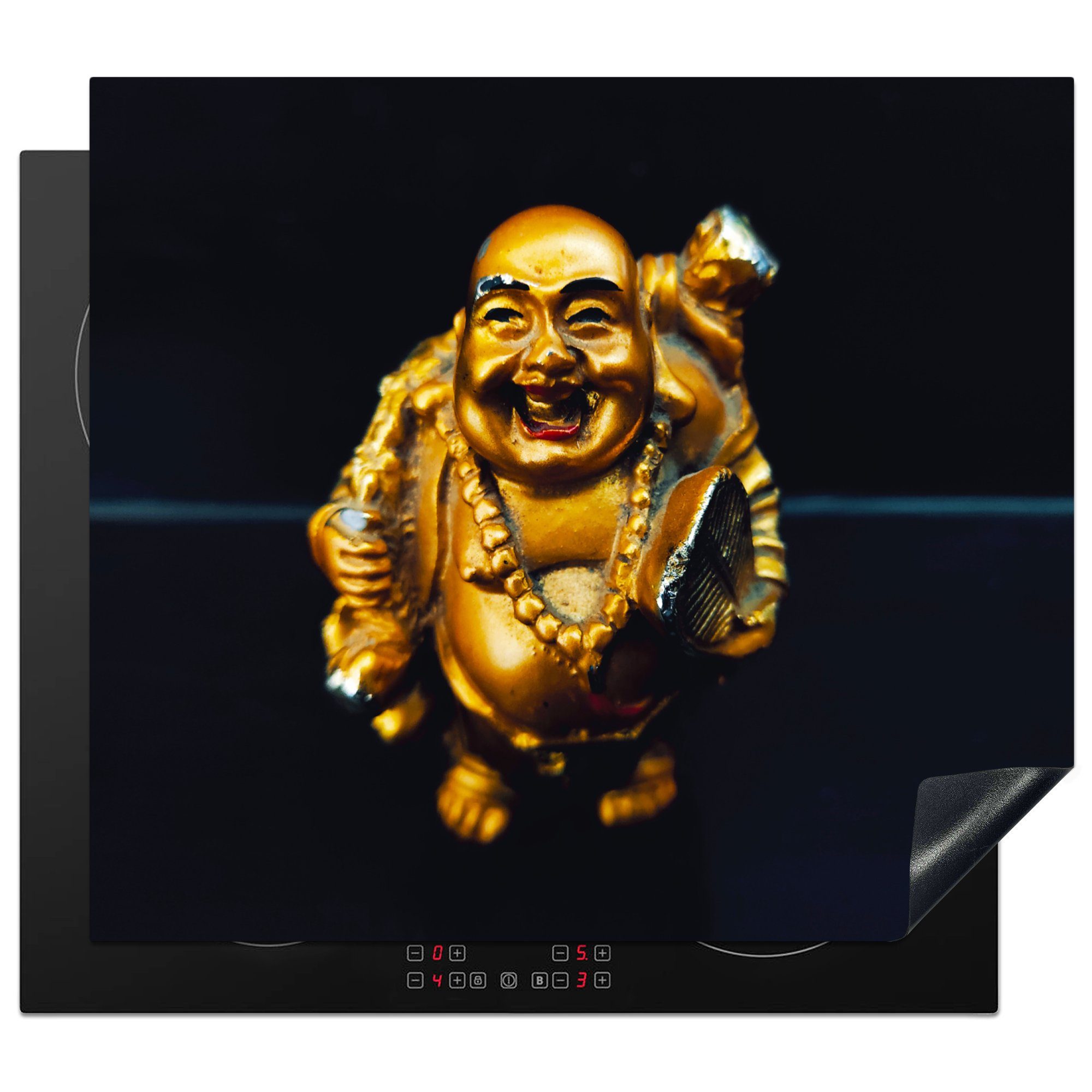 Luxus, nutzbar, Buddha Ceranfeldabdeckung - - Herdblende-/Abdeckplatte Mobile Gold 60x52 MuchoWow Arbeitsfläche - - (1 tlg), Buddha-Statue cm, Religion Vinyl,