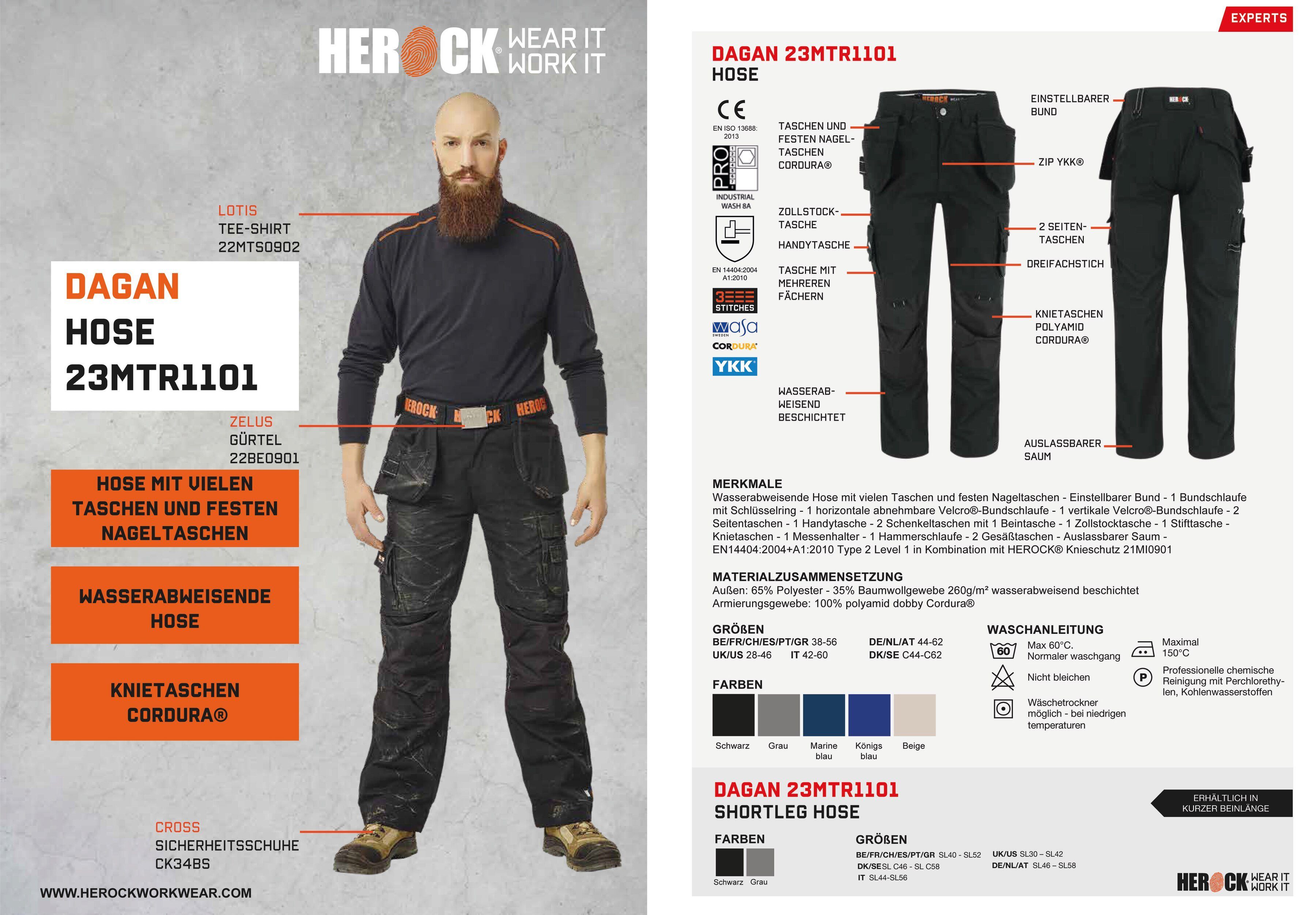 Dagan Hose (inkl. schwarz robust, Nageltaschen) 11 Arbeitshose Wasserabweisend, Taschen Herock