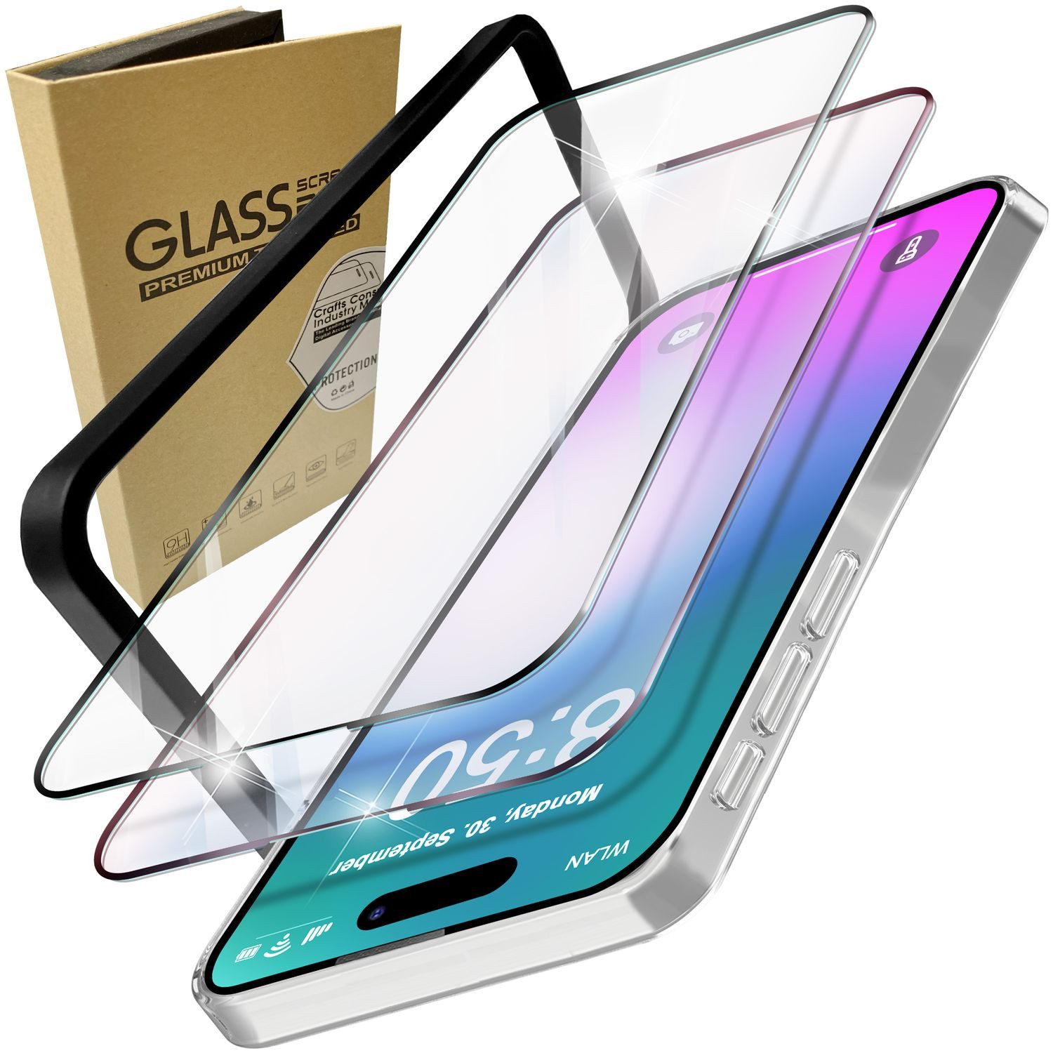 Nalia Schutzfolie Apple iPhone 16 Pro, 2x Schutzglas & 1x Schablone / Klarer Displayschutz mit schwarzem Rand