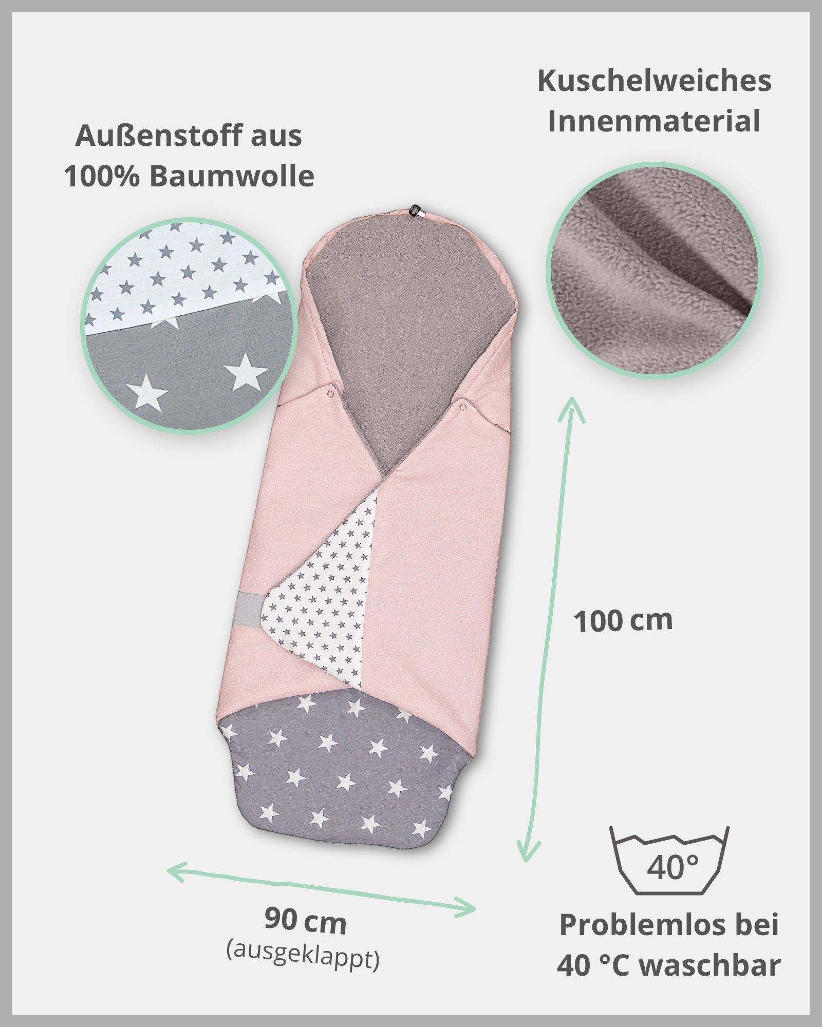 Einschlagdecke Für die Babyschale, ®, EU, Optimal in 2,5 Rosa ULLENBOOM für und Herbst Winter, Frühling, TOG-Wert Made Grau