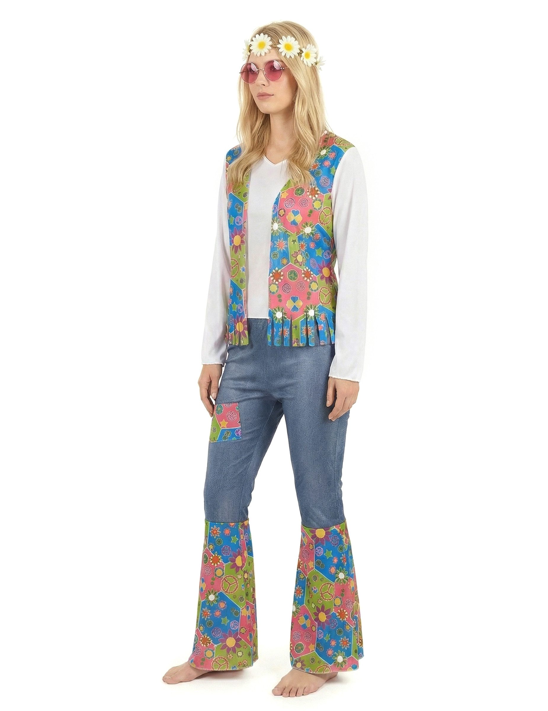 Kostüm Hippie-Damenkostüm Flowerpower weiss-blau-bunt