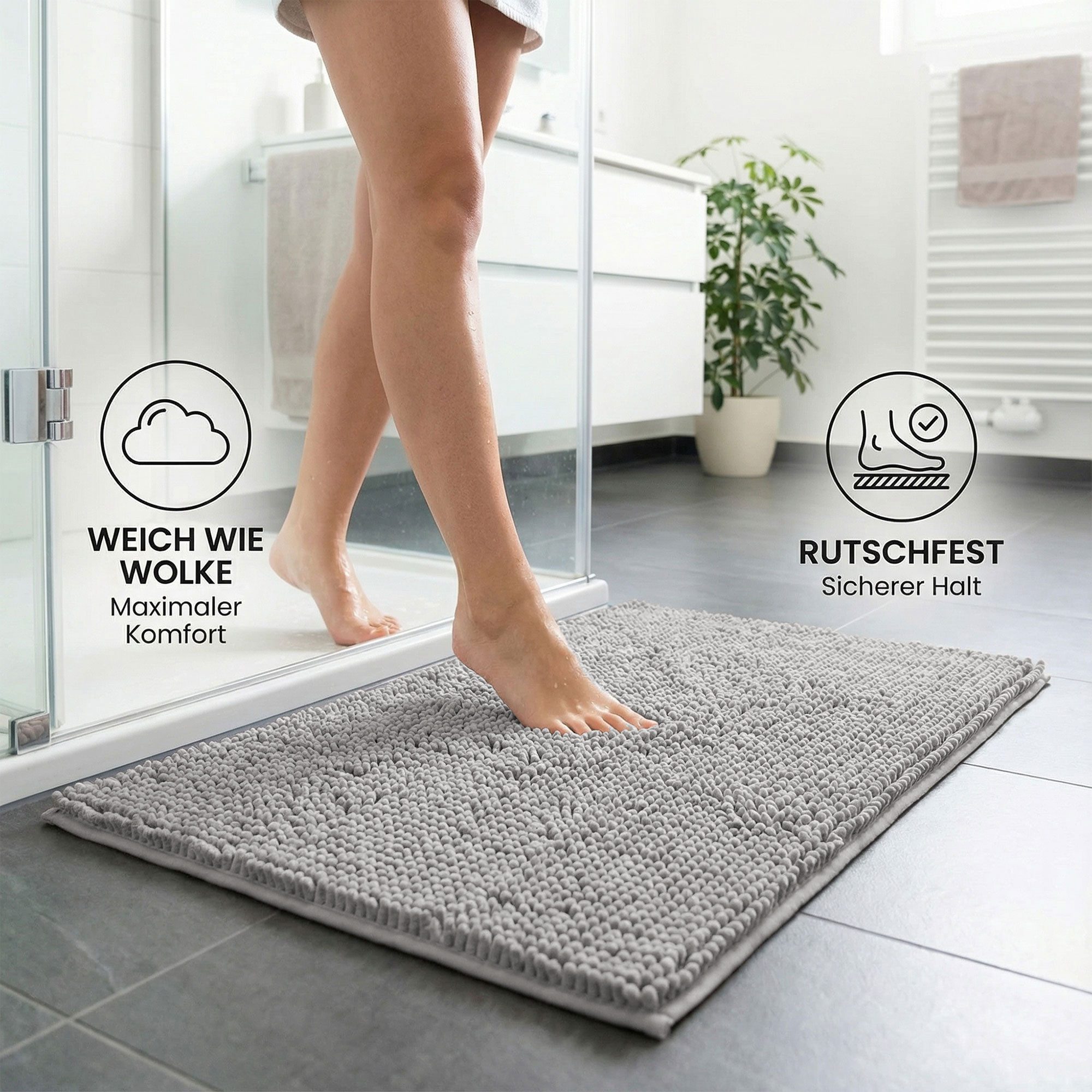 HELLSER Badematte DINA - Badezimmerteppich rutschfest & waschbar - Chenille, rutschhemmend beschichtet, fußbodenheizungsgeeignet, schnell trocknend, Polyester,  – Bild 2 von 5