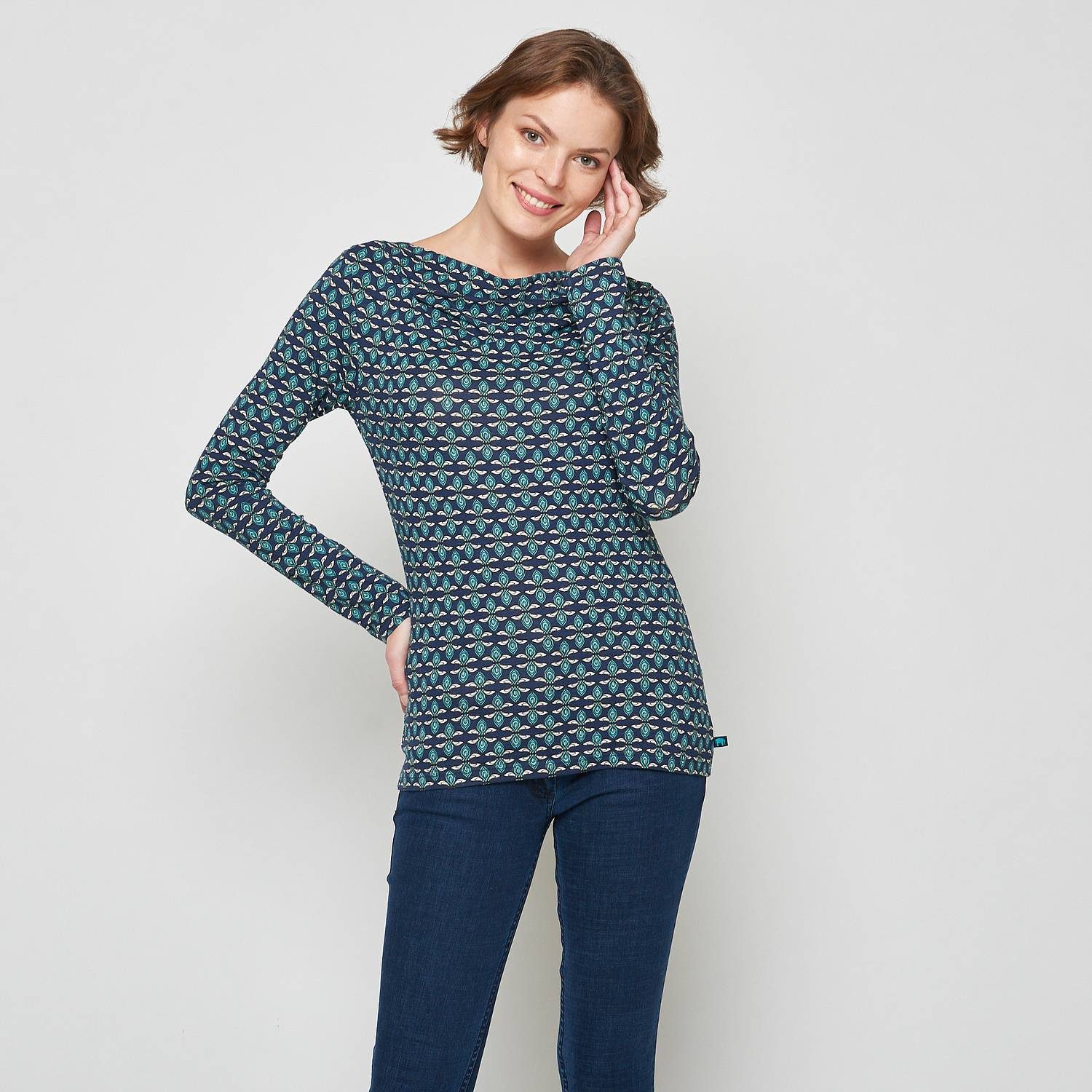 Tranquillo Langarmshirt & Leggings Shirt Langarm U Boot Ausschnitt Vintage Baumwolle Stretch XS 34 schmale Passform