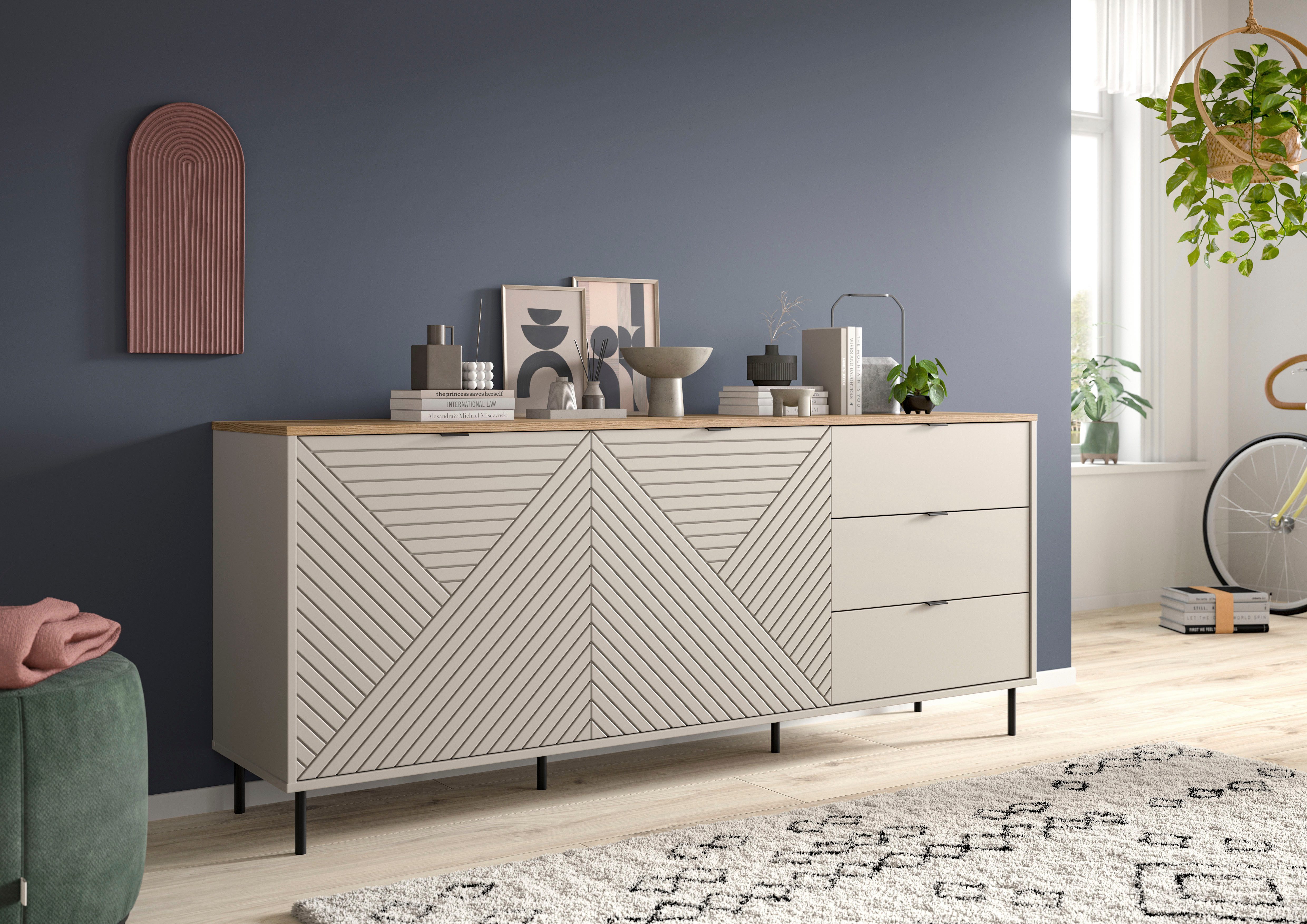 Home affaire Sideboard RAITA, Breite 184 cm, Front mit Desgin-Fräsung, 2 Türen, viel Stauraum (moderne Farbkombi, individuell einsetzbar, Griffe & Füße aus Metall), Kommode, Anrichte, Schrank, Highboard, TV-Board