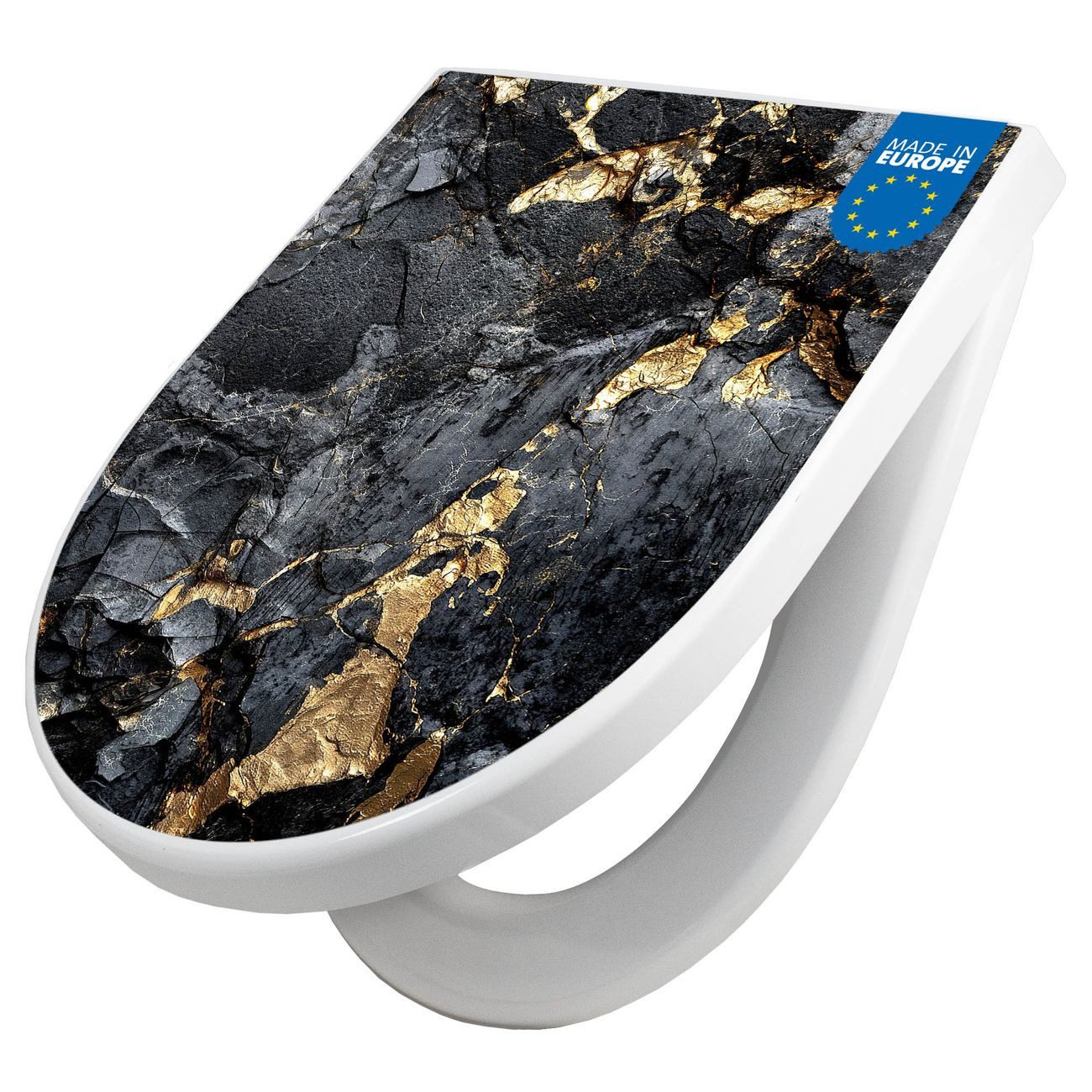 banjado WC-Sitz Premium D-Form mit Absenkautomatik Motiv Schwarzer Marmor mit Gold 1 (umweltfreundliches Material, Softclose Absenkautomatik), 45 x 36,4 x 4