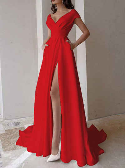 ZWY Abendkleid Damen Maxikleid Bankettkleid Sexy Kleid Röhren A-Linie Kleid (1-tlg) Rot Gerüschtes langes Rockkleid-Abendkleid
