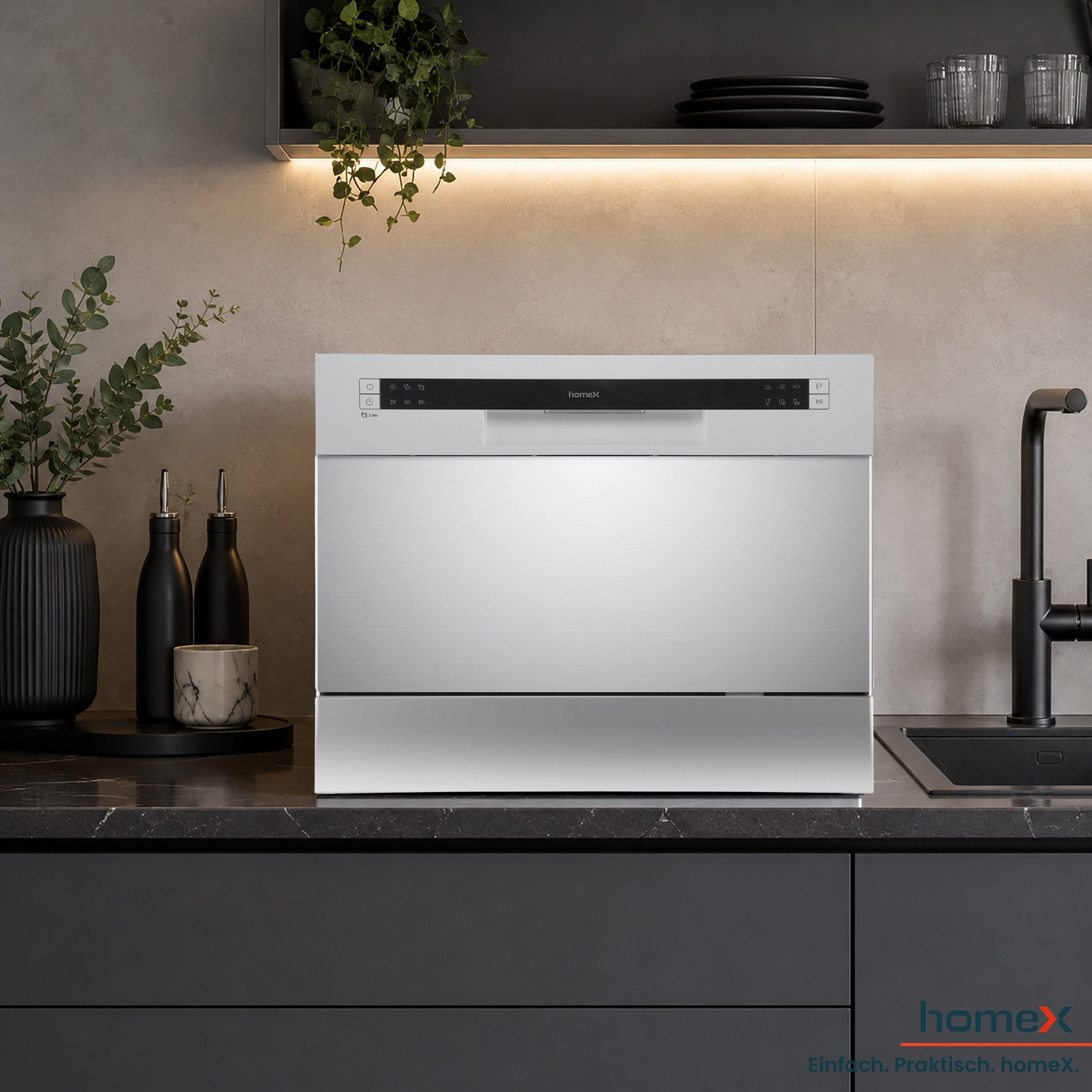 homeX Tischgeschirrspüler GST6AD-S, 7 l, 6 Maßgedecke, Mini Spülmaschine, Geschirrspüler klein, 6 Programme, 6 Gedecke, 47 dB