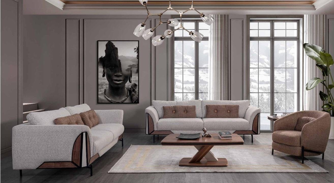 JVmoebel Wohnzimmer-Set Braun-Weiß Sofagarnitur 3+3+1 Couchtisch Komplettes Wohnzimmer, (4-St., 2x 3-Sitzer + 1x Sessel + 1x Couchtisch), Made in Europa