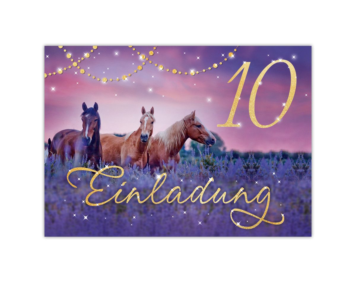 JUNAPACK Einladungskarten Pferd Einladungen zum Kindergeburtstag Fohlen lila Mädchen, Einladungskarten zum 10. Geburtstag mit Pferd Motiv